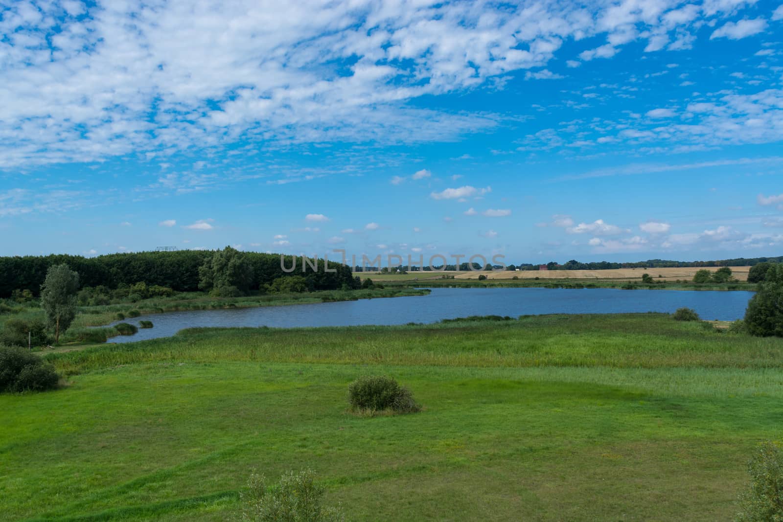 Panoramic view of the swimming, fishing and nature area Eixen lake. Shot from the lookout tower