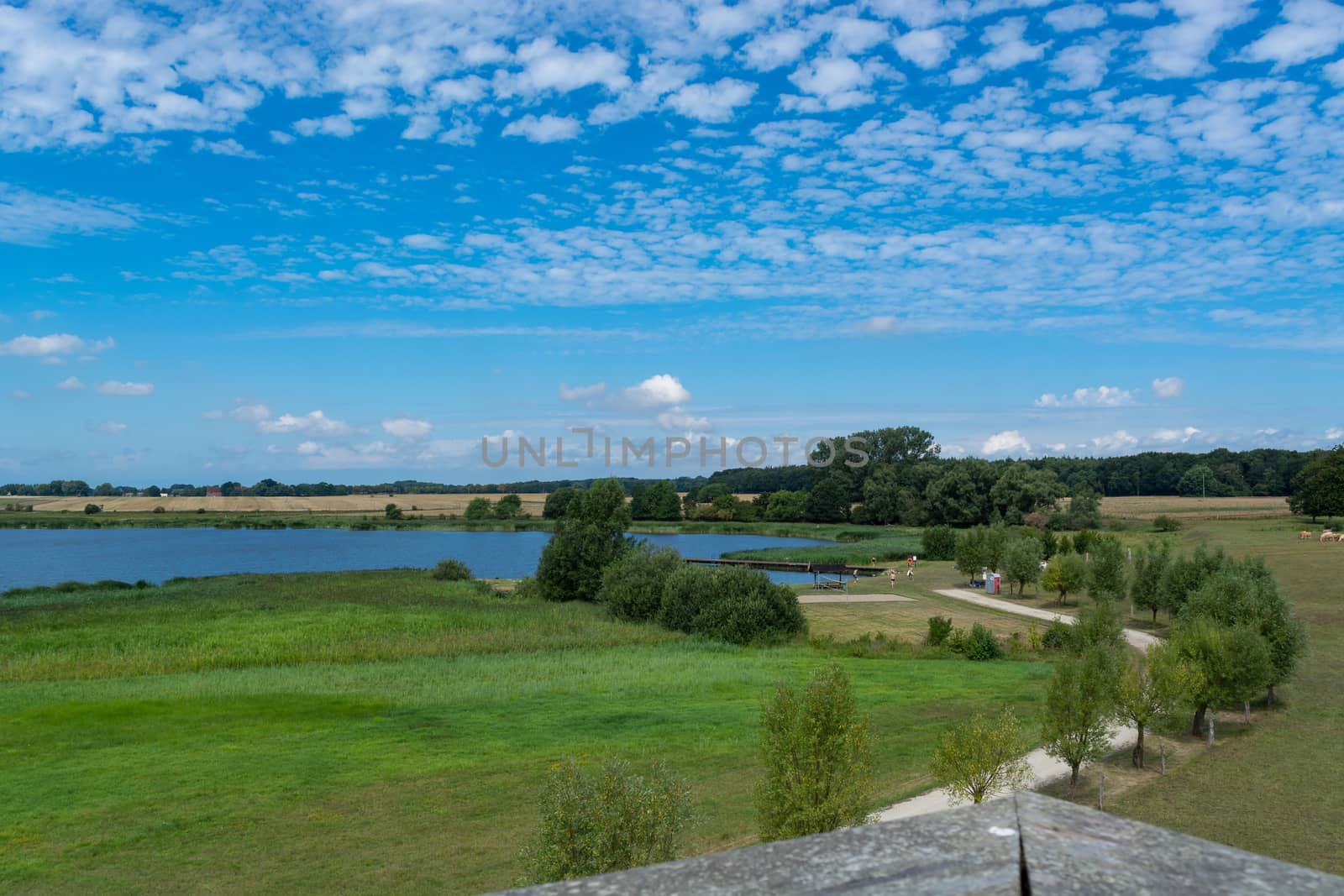 Panoramic view of the swimming, fishing and nature area Eixen lake. Shot from the lookout tower