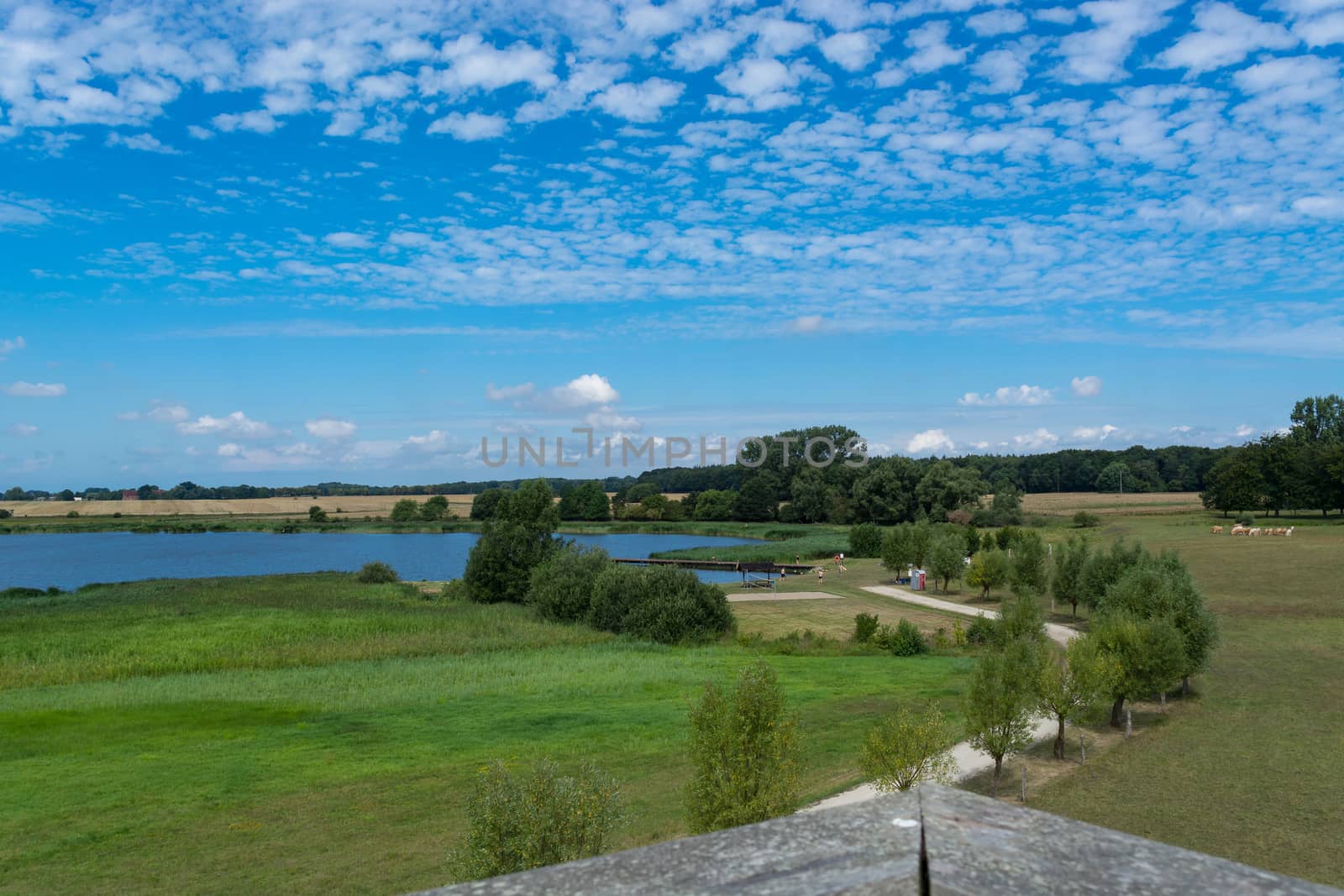 Panoramic view of the swimming, fishing and nature area Eixen lake. Shot from the lookout tower