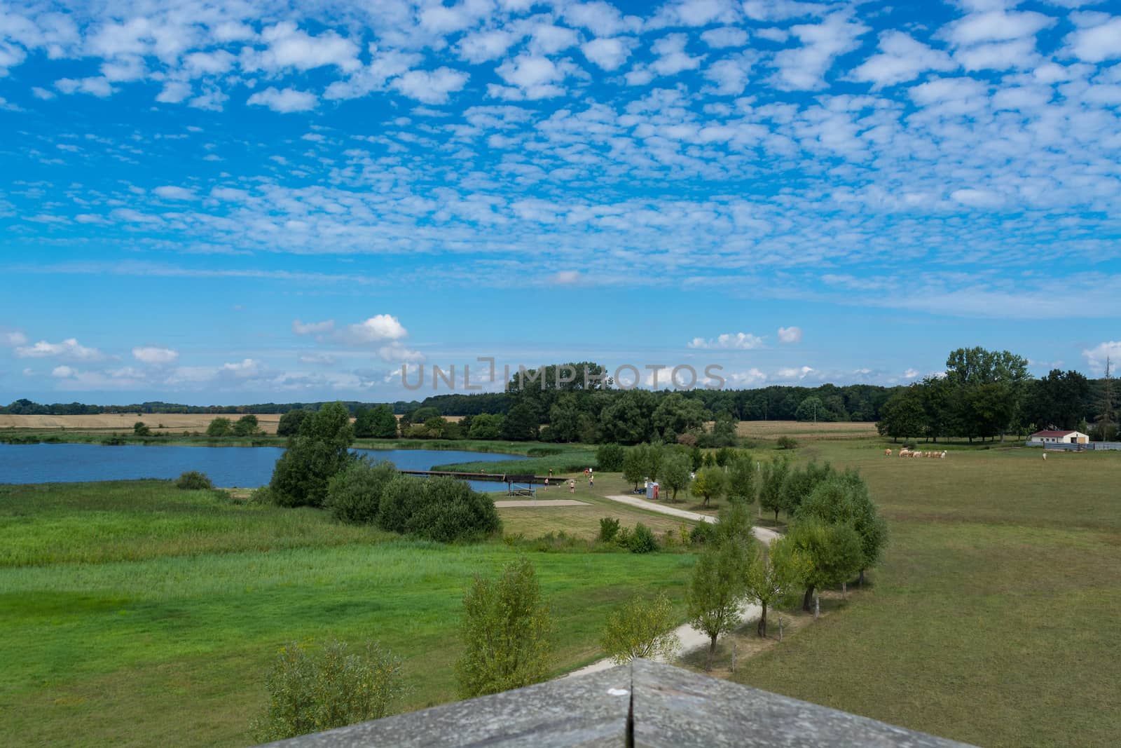 Panoramic view of the swimming, fishing and nature area Eixen lake. Shot from the lookout tower