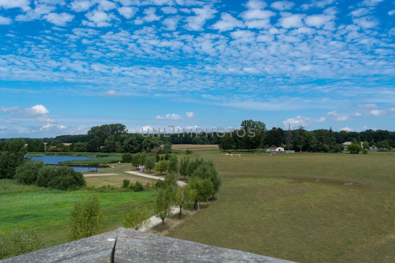 Panoramic view of the swimming, fishing and nature area Eixen lake. Shot from the lookout tower