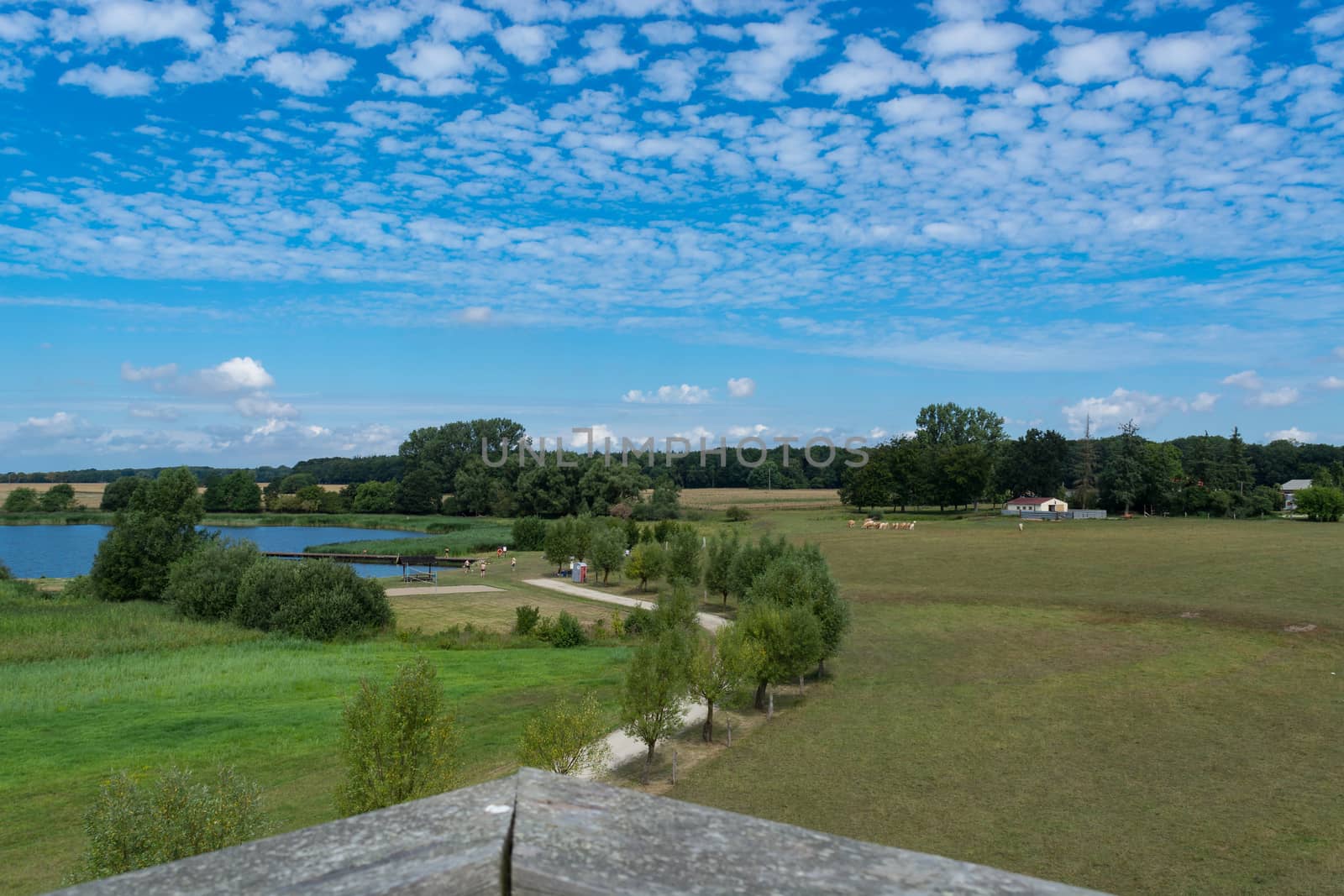 Panoramic view of the swimming, fishing and nature area Eixen lake. Shot from the lookout tower