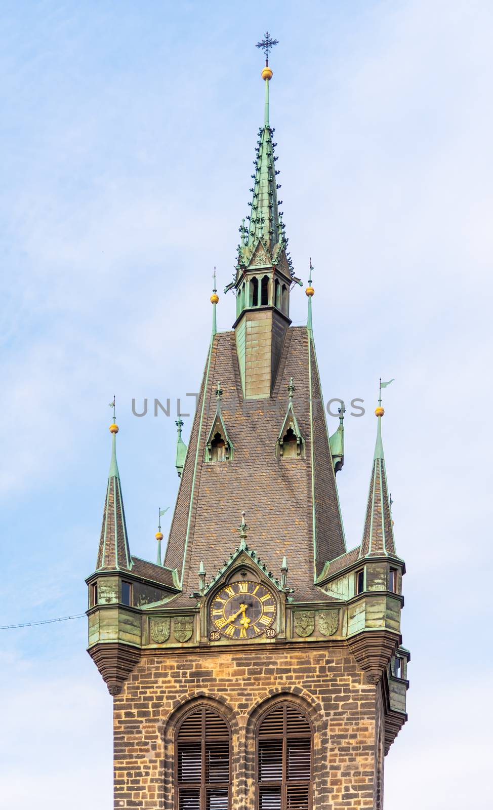 Detailed view of St Henry Tower, Czech: Jindrisska Vez. The highest belfry in Prague, Czech Republic.