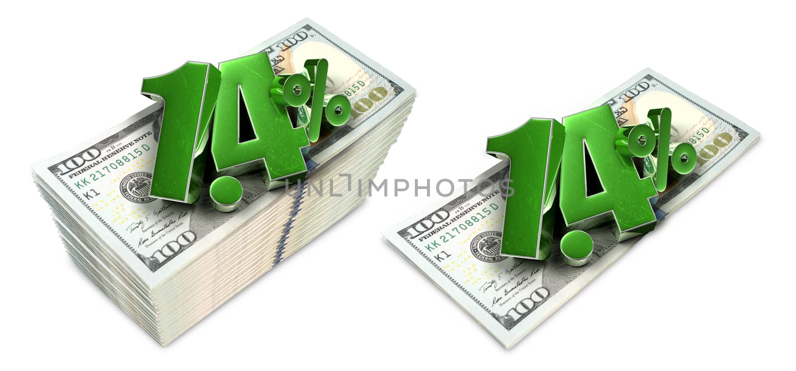 1.4 Put on a pile of dollar funds 3d illustration isolated on white background.(with Clipping Path).