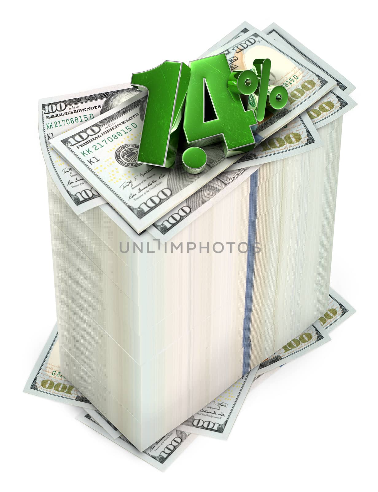 1.4 Put on a pile of dollar funds 3d illustration isolated on white background.(with Clipping Path).