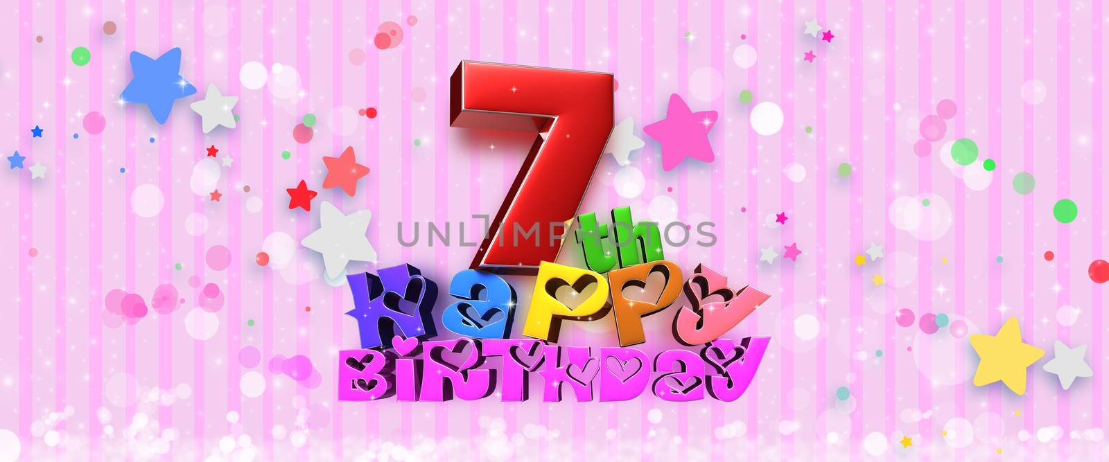 Anniversary Happy Birthday 7 th colorful 3d illustration on pink background.