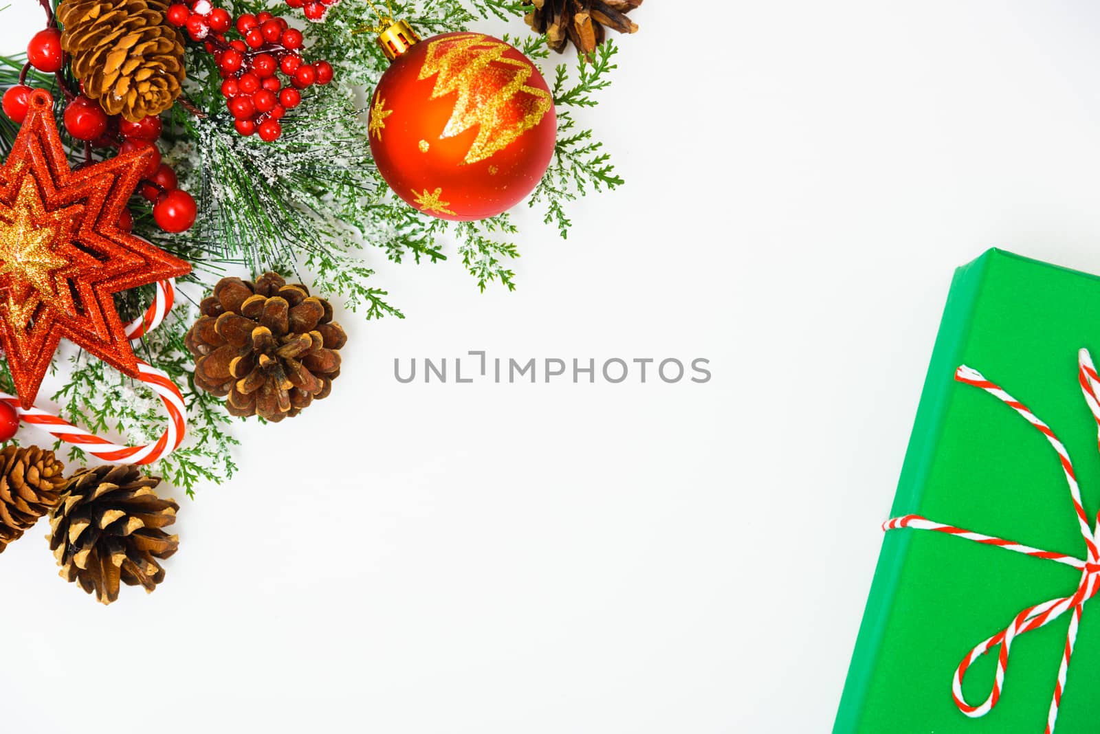 Christmas composition decorations, fir tree branches on white ba by Sorapop