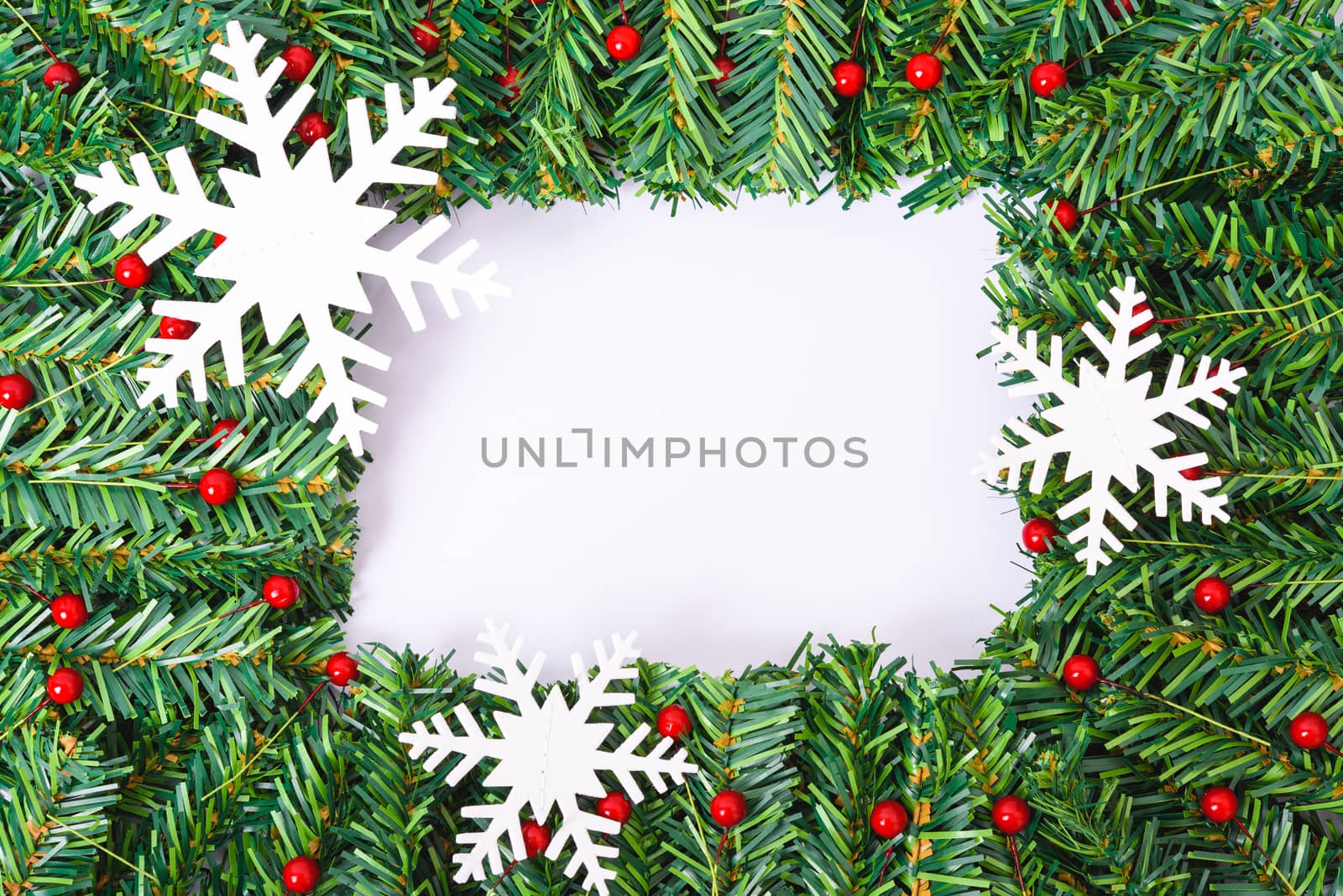 Happy New Year and Christmas day, top view flat lay composition decoration branches tree on white background with copy space for your text
