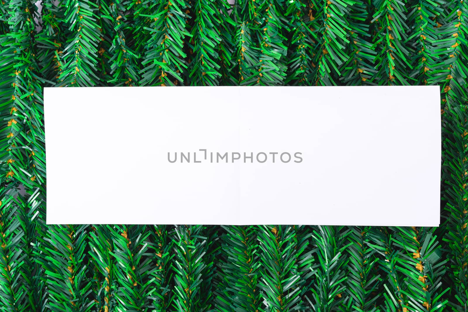 Happy New Year and Christmas day, top view flat lay composition decoration branches tree, white square on white background with copy space for your text