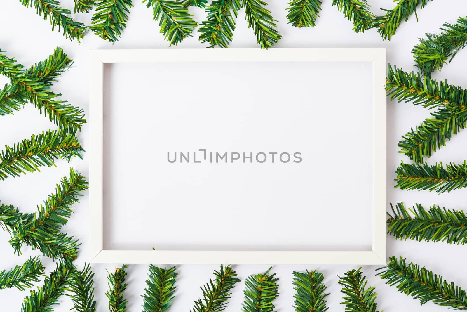 Happy New Year and Christmas day, top view flat lay composition decoration and photo frame on white background with copy space for your text