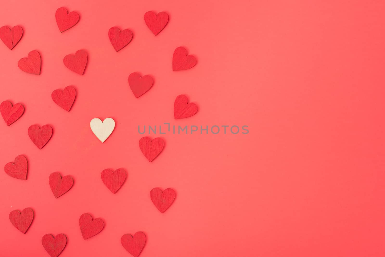 Valentine's Day background, Top view Flat lay Red heart on red background. Valentines day concept with copy space