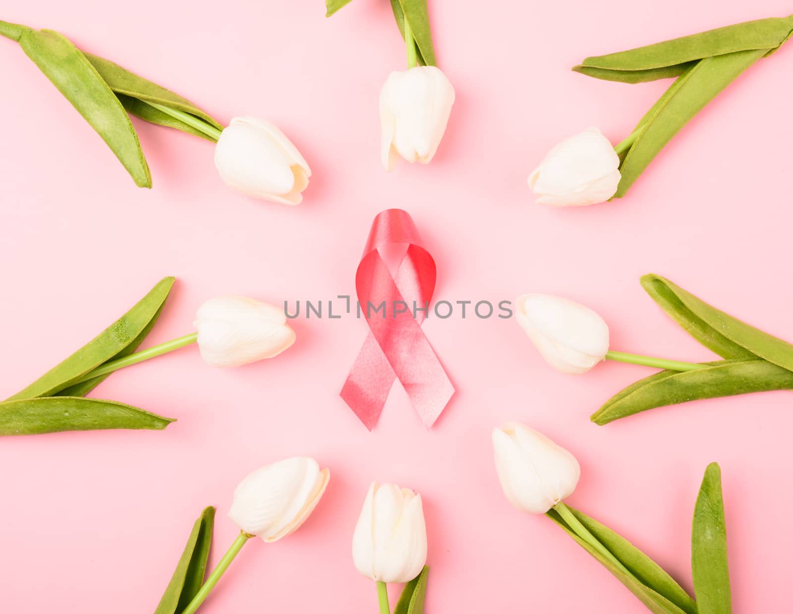 Breast cancer month concept, flat lay top view, pink ribbon and Tulip Flower on pink background with copy space for your text