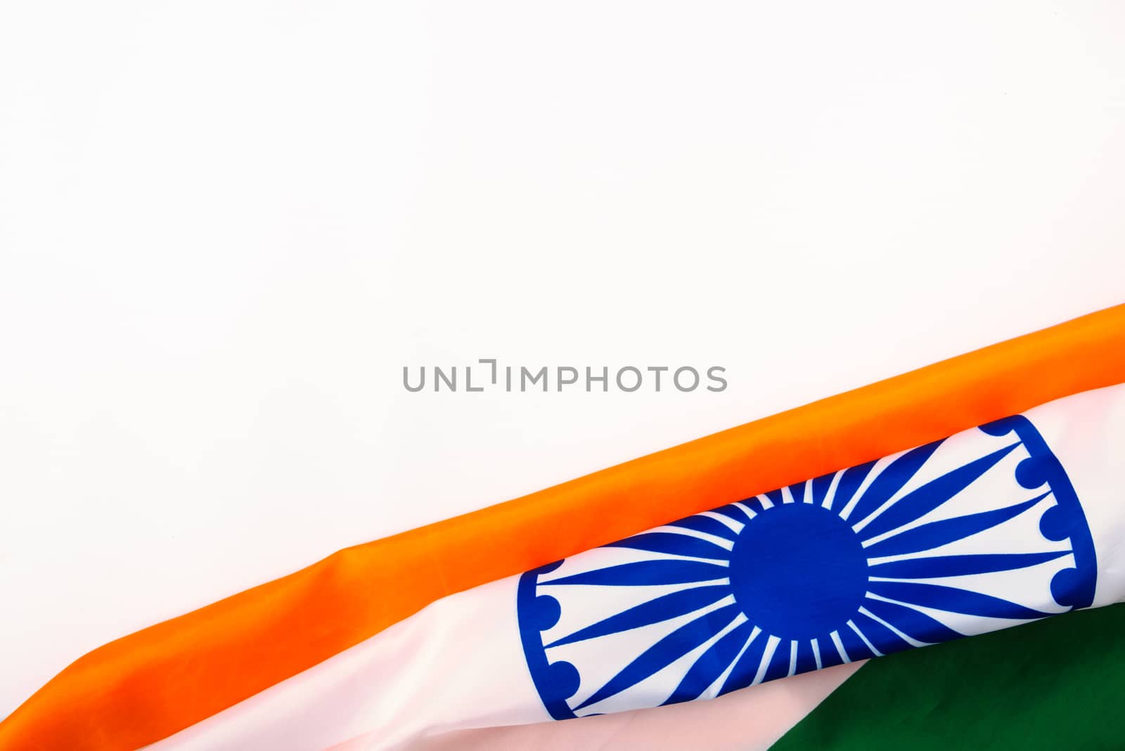 Indian republic day, flat lay top view, Indian tricolor flag on white background with copy space for your text