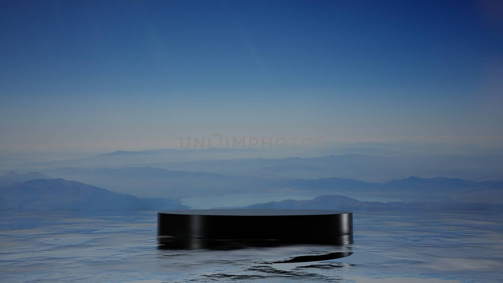 A black pedestal on the sea surface. Mountains in the fog in the background. 3D illustration. Empty space for your products