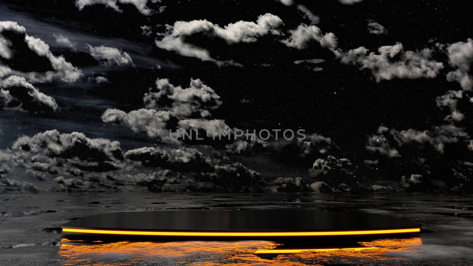 A black podium with glowing faces against a dark starry sky with clouds by cherezoff