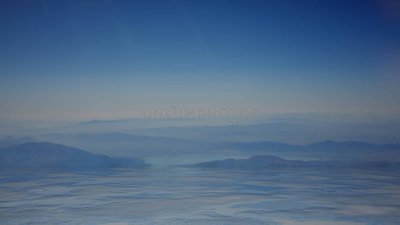 Mountains and sea in the fog. Dramatic background of blue hue. 3D illustration
