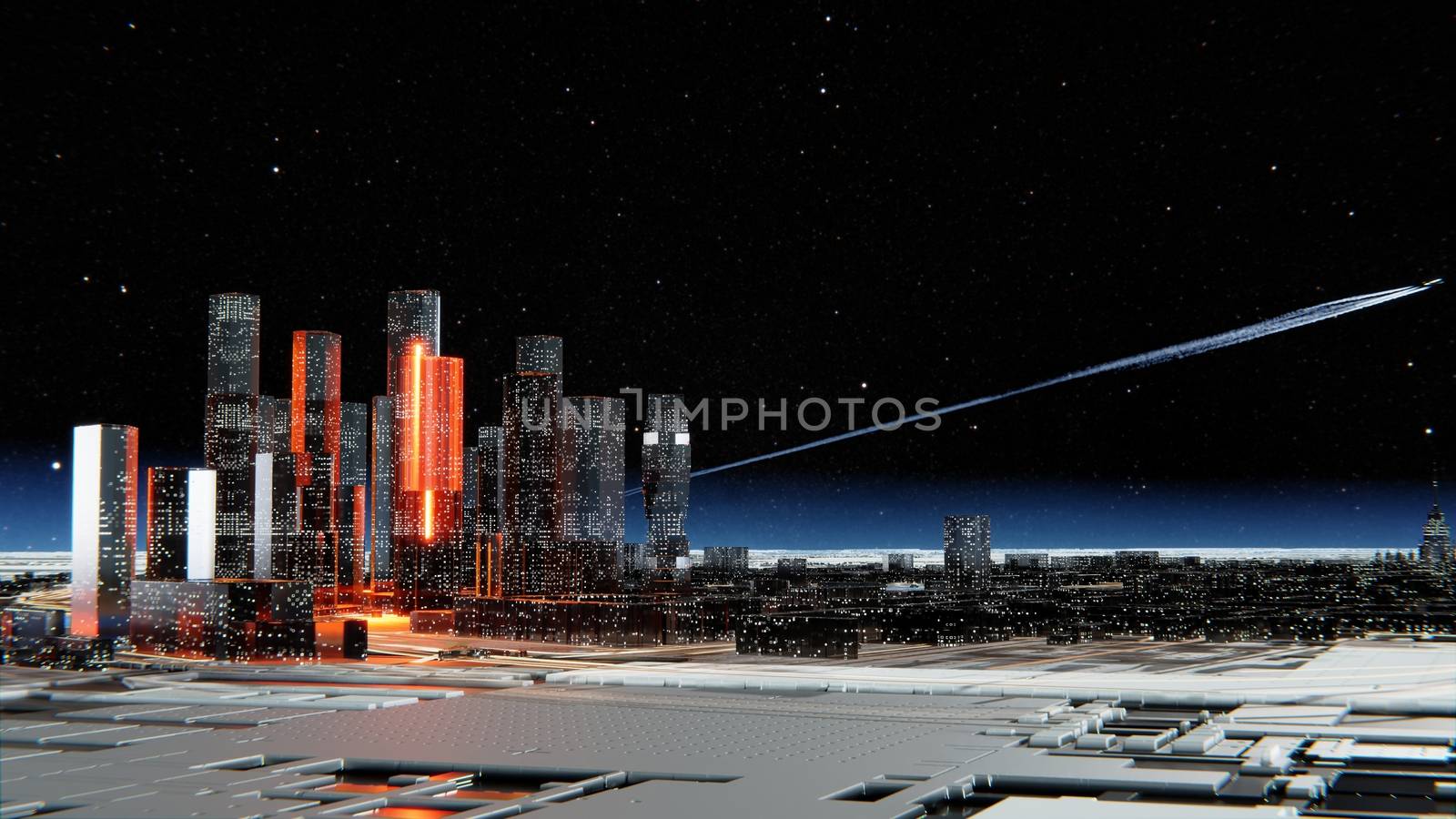 Futuristic glass city with luminous windows. Luminous roads and bright flashes between houses. Starry atmospheric sky with a flying airplane on the background. 3D illustration