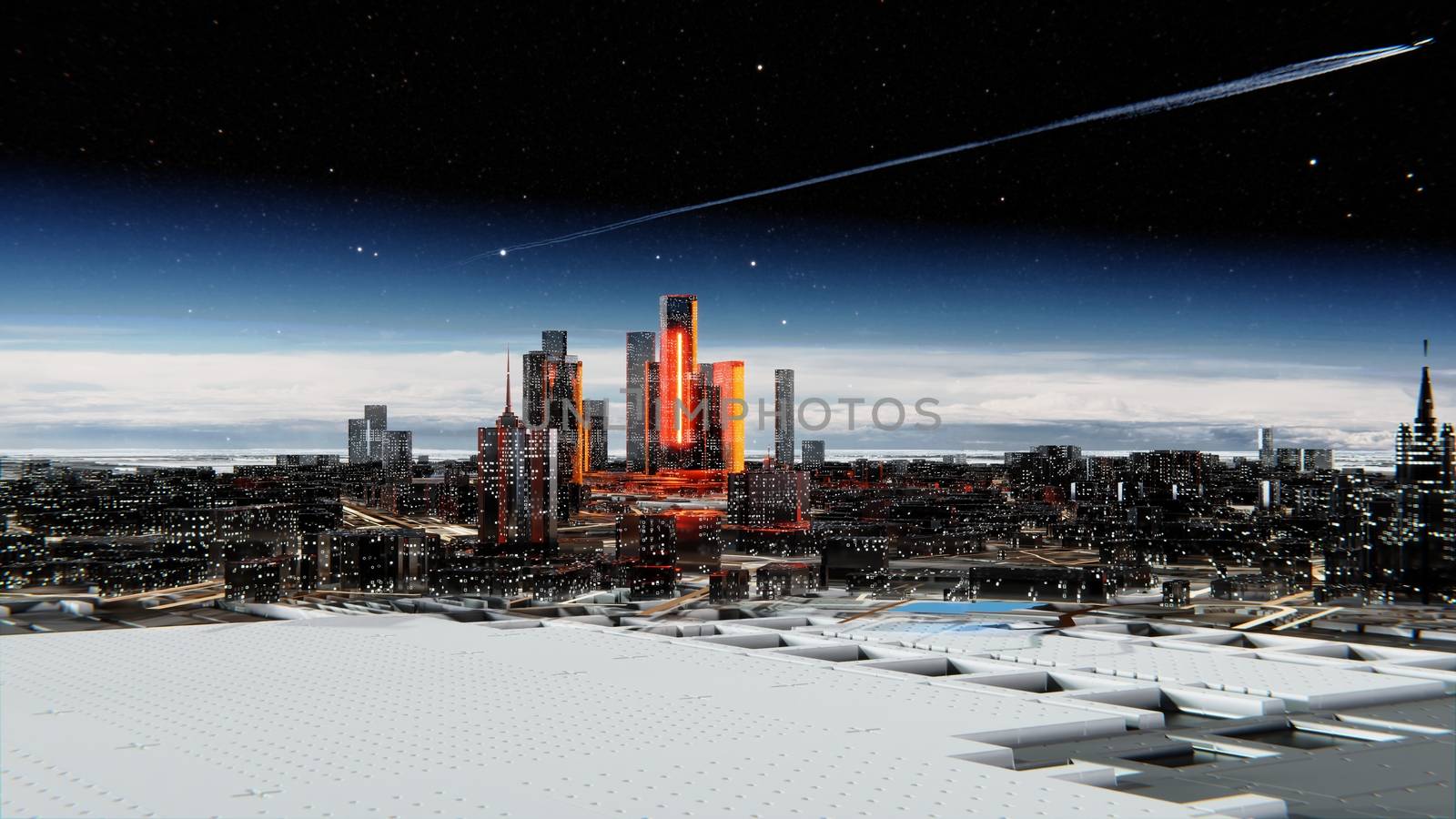 Futuristic city against the atmospheric starry sky by cherezoff