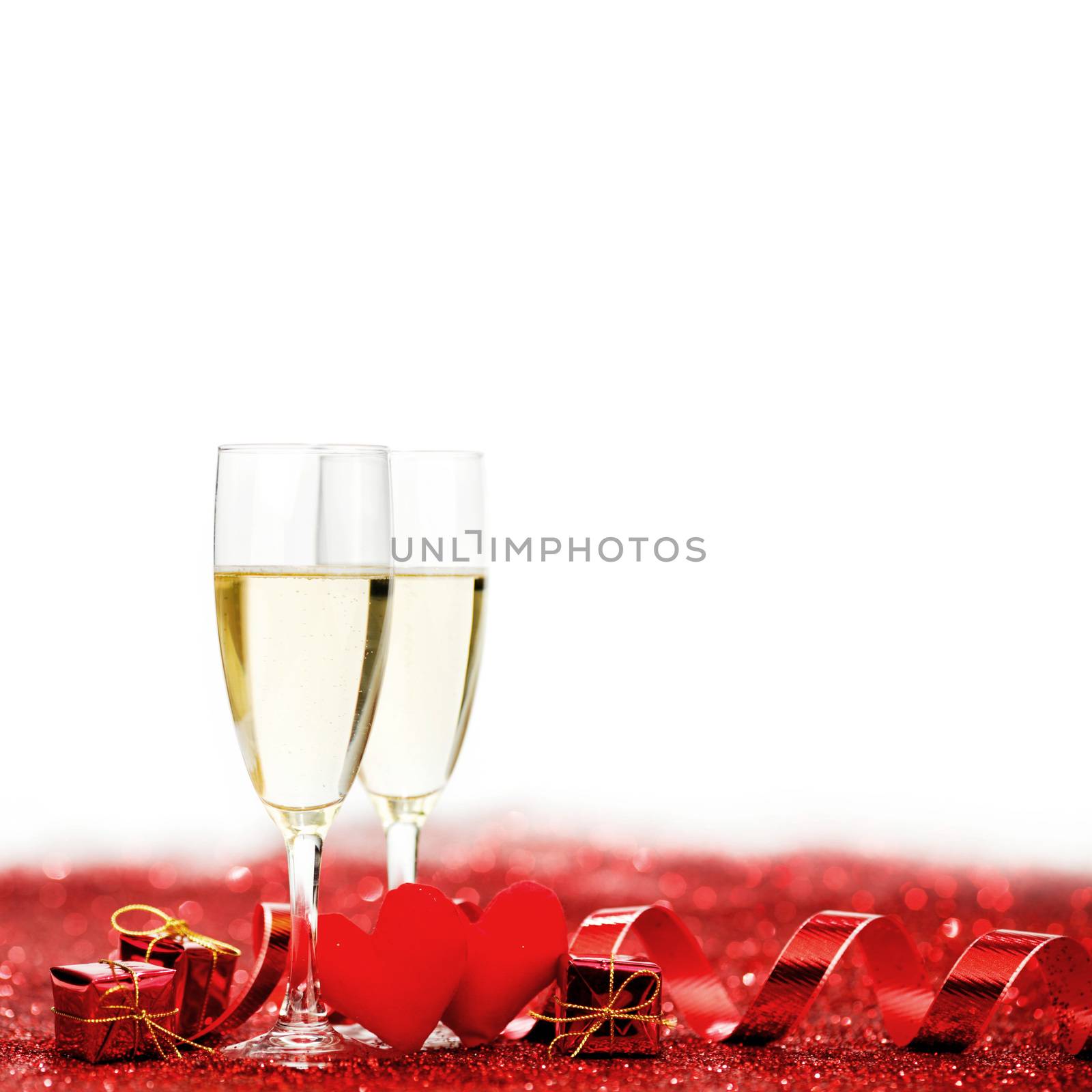 Valentines day Champagne with red glitter decoration