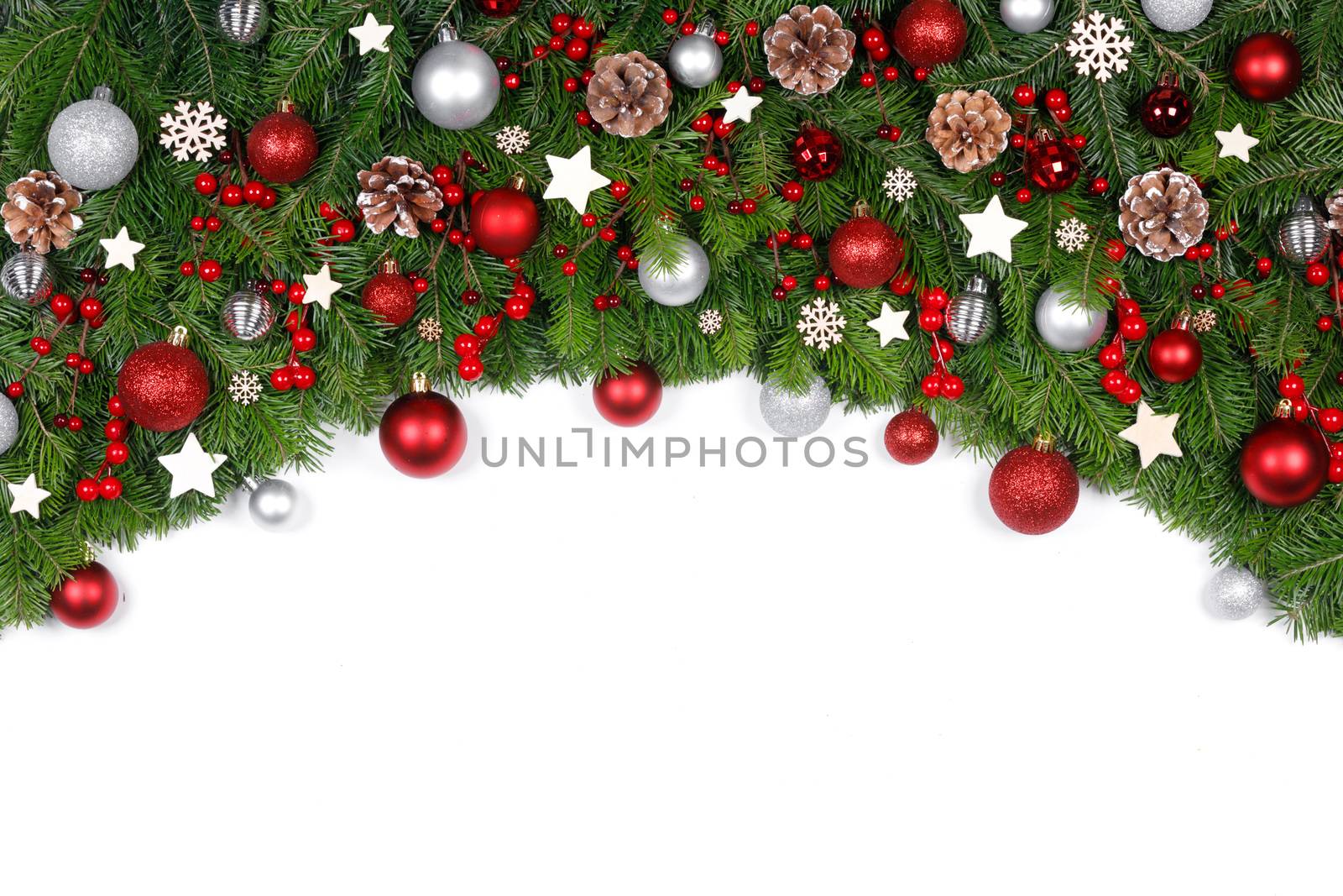 Christmas New year decoration frame isolated on white , fir tree branches , red and silver baubles and pine cones , copy space for text