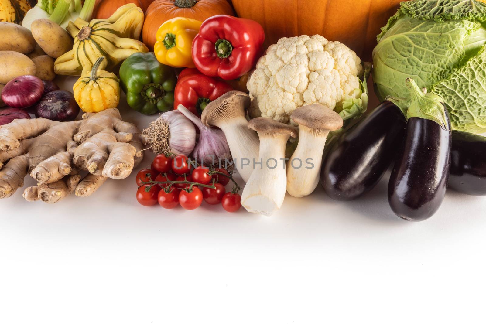 Harvest of many vegetables isolated on white background border frame with copy space for text