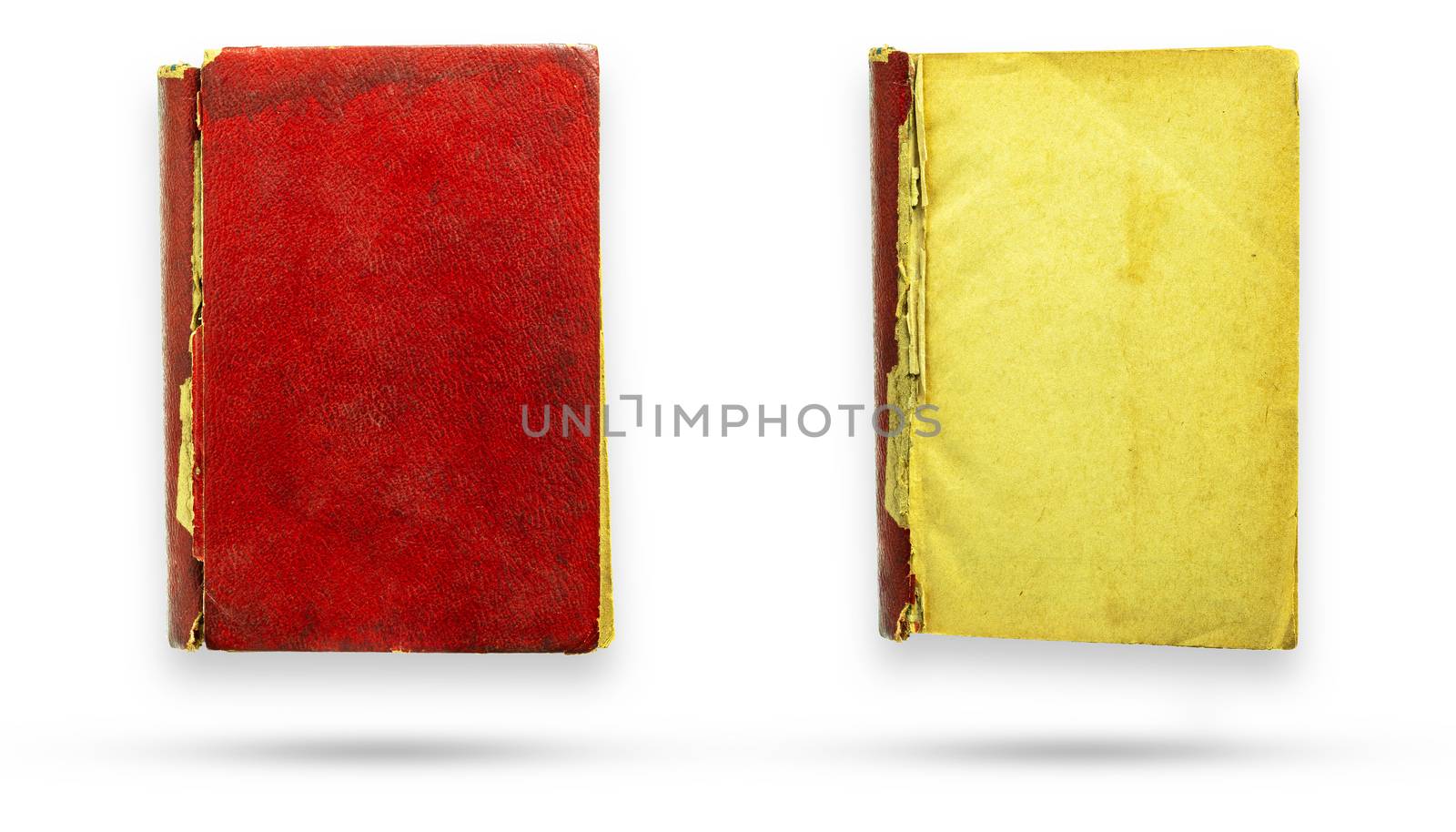 Red leather cover old vintage book and blank page. Isolate and clipping path on white background.