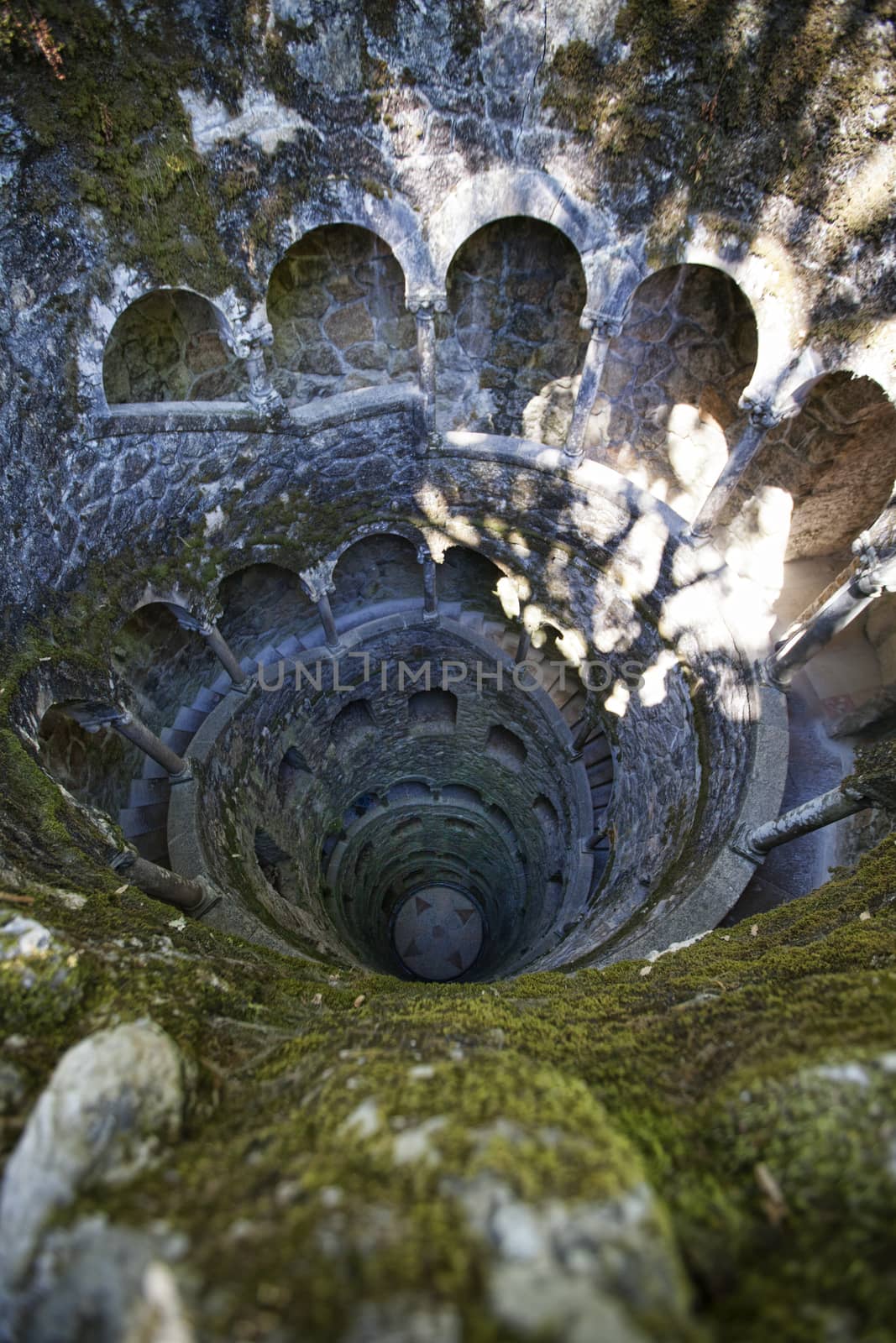 View from above of Iniciatic Well in Quinta da Regaleira, Sintra, Portugal
