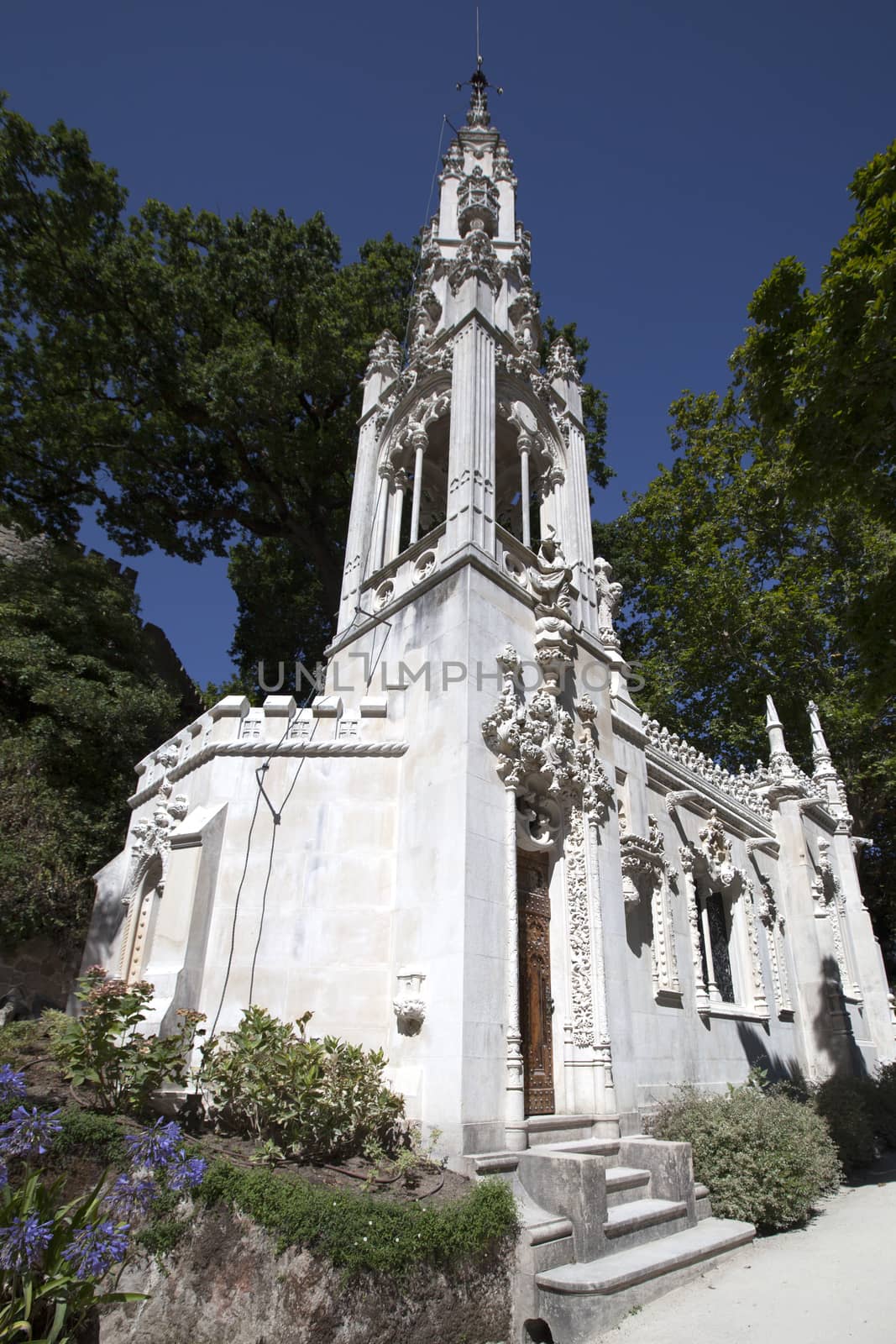 Chapel in Quinta da Regaleira on a bright sunny day.