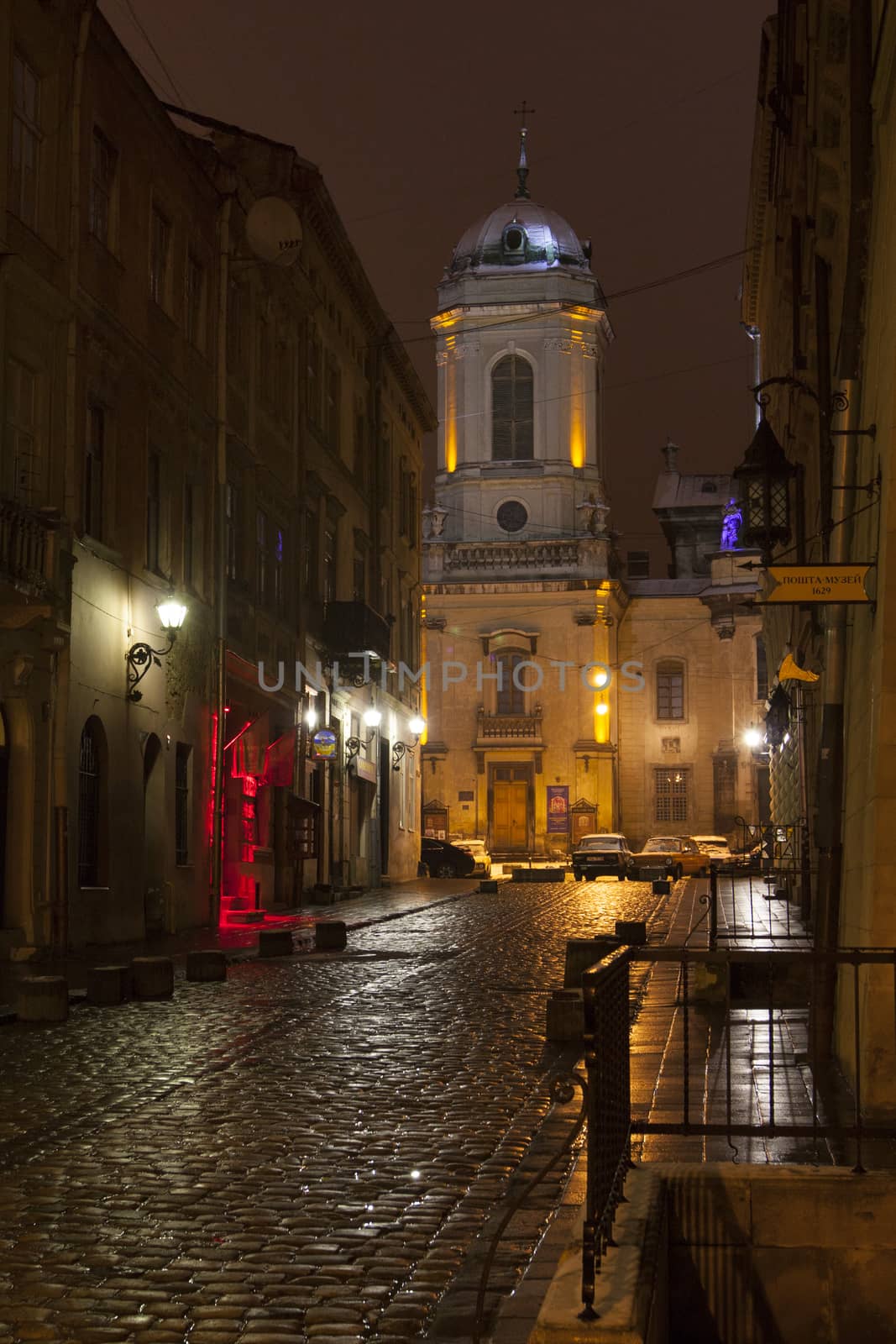 Dominican church and monastery in Lviv by night, Ukraine