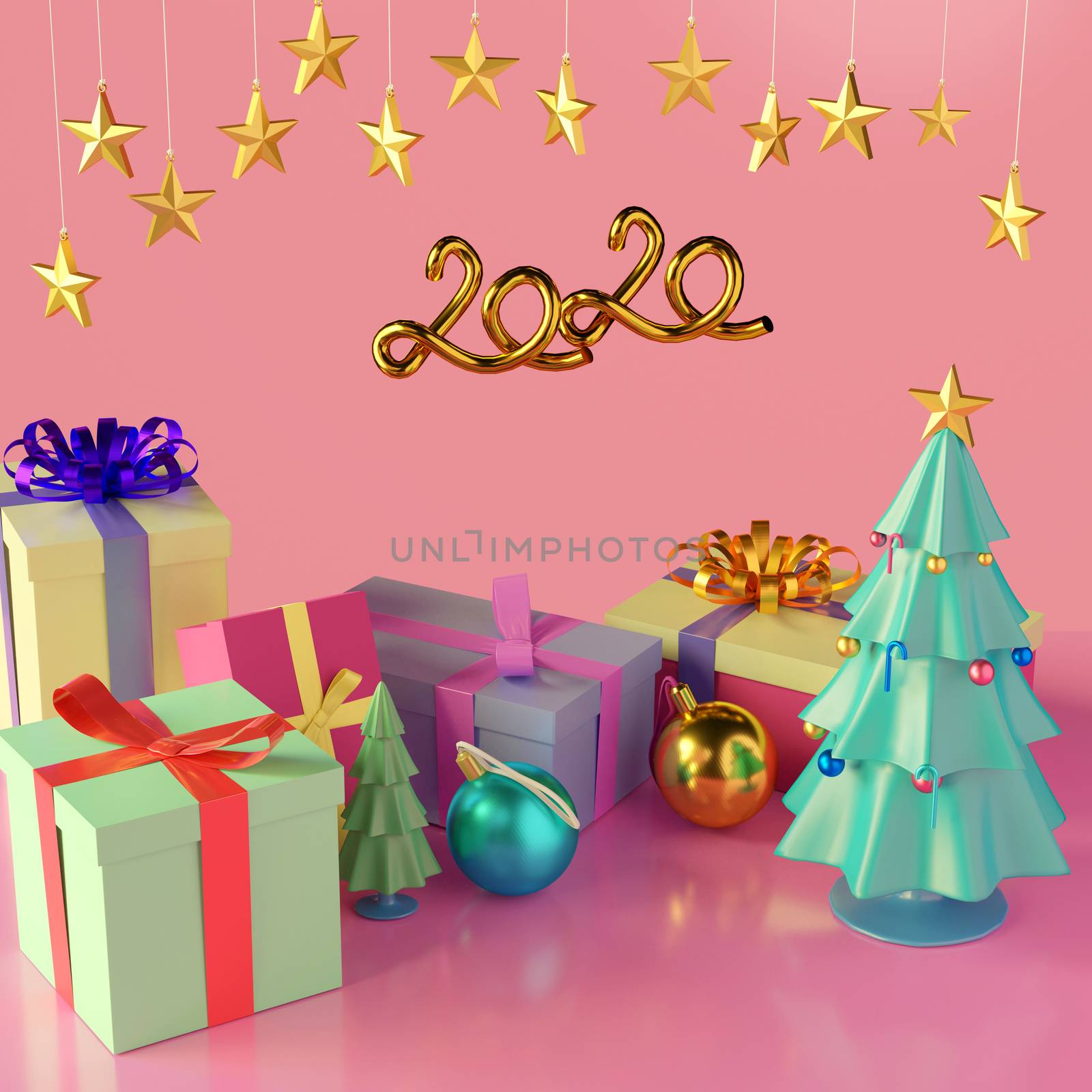 Christmas tree and gift boxes with shiny ball, Merry Christmas and happy new year. 3D illustration.