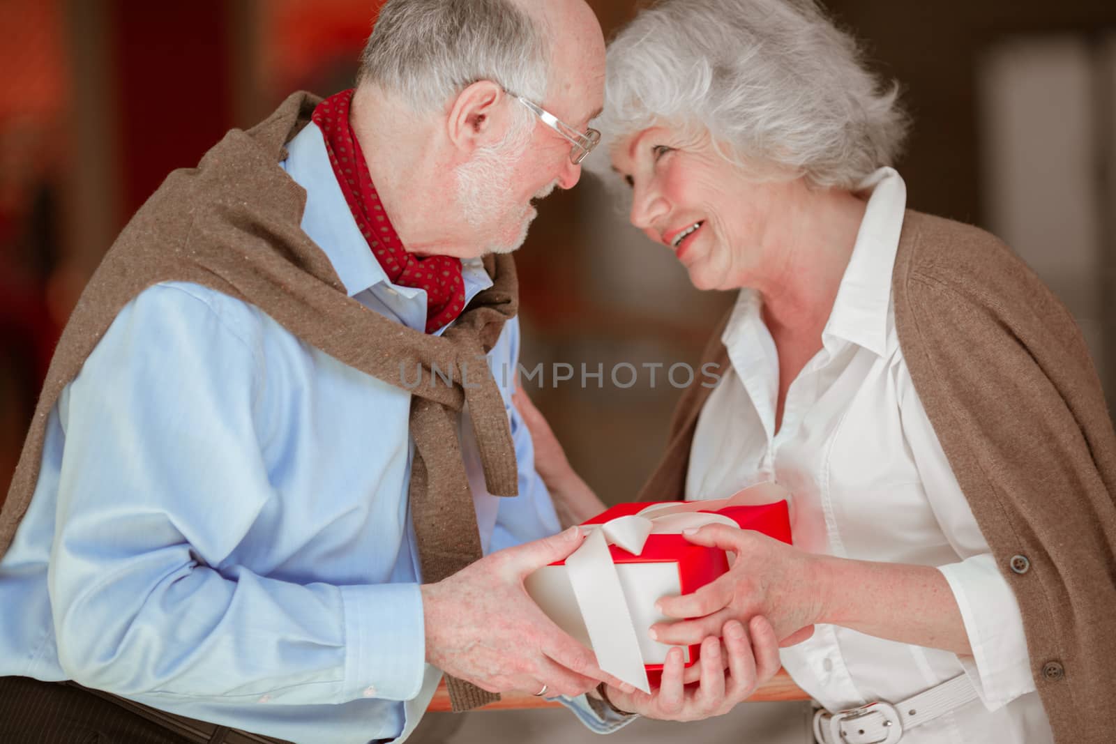 Senior Couple Exchanging Christmas Gift and smiling