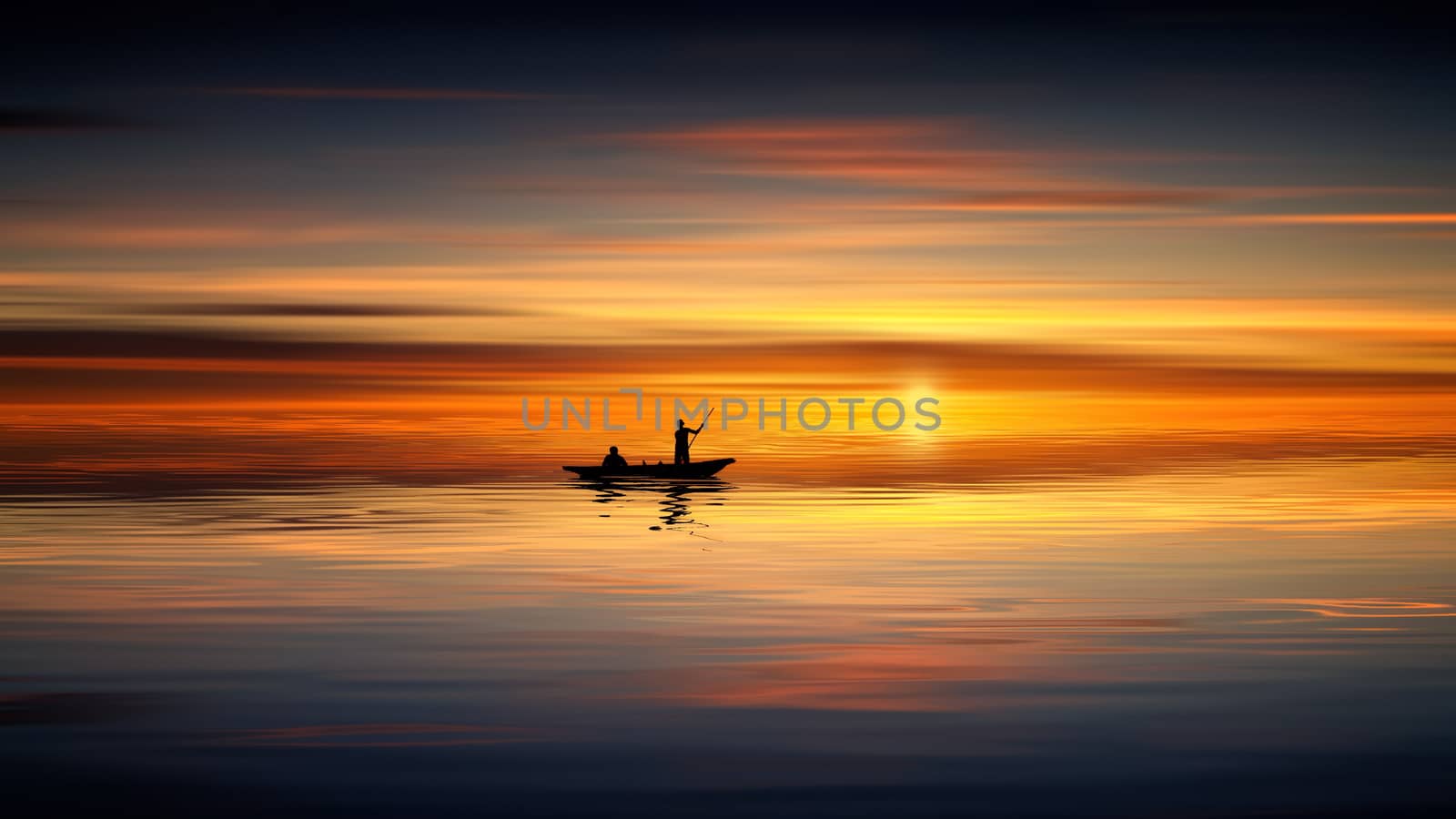 Two men fishing in a boat in lake during sunset. Geographical location: Europe by Roman1030