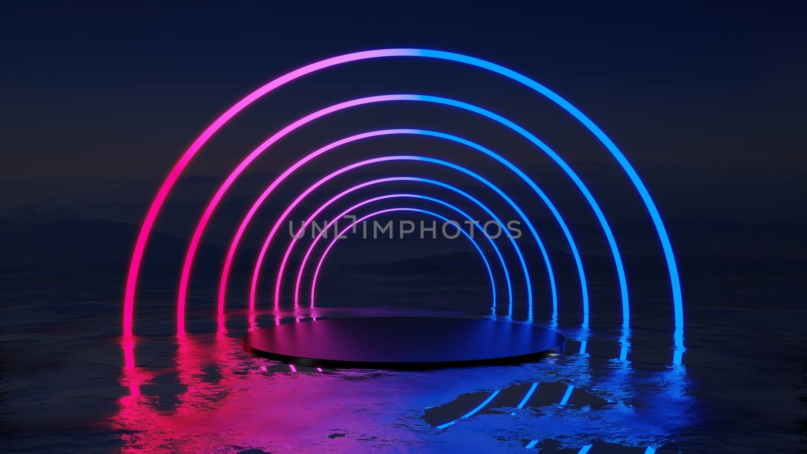 Abstract background with neon circles and cylindrical pedestal against the background of mountains. 3D illustration. Empty space for your products