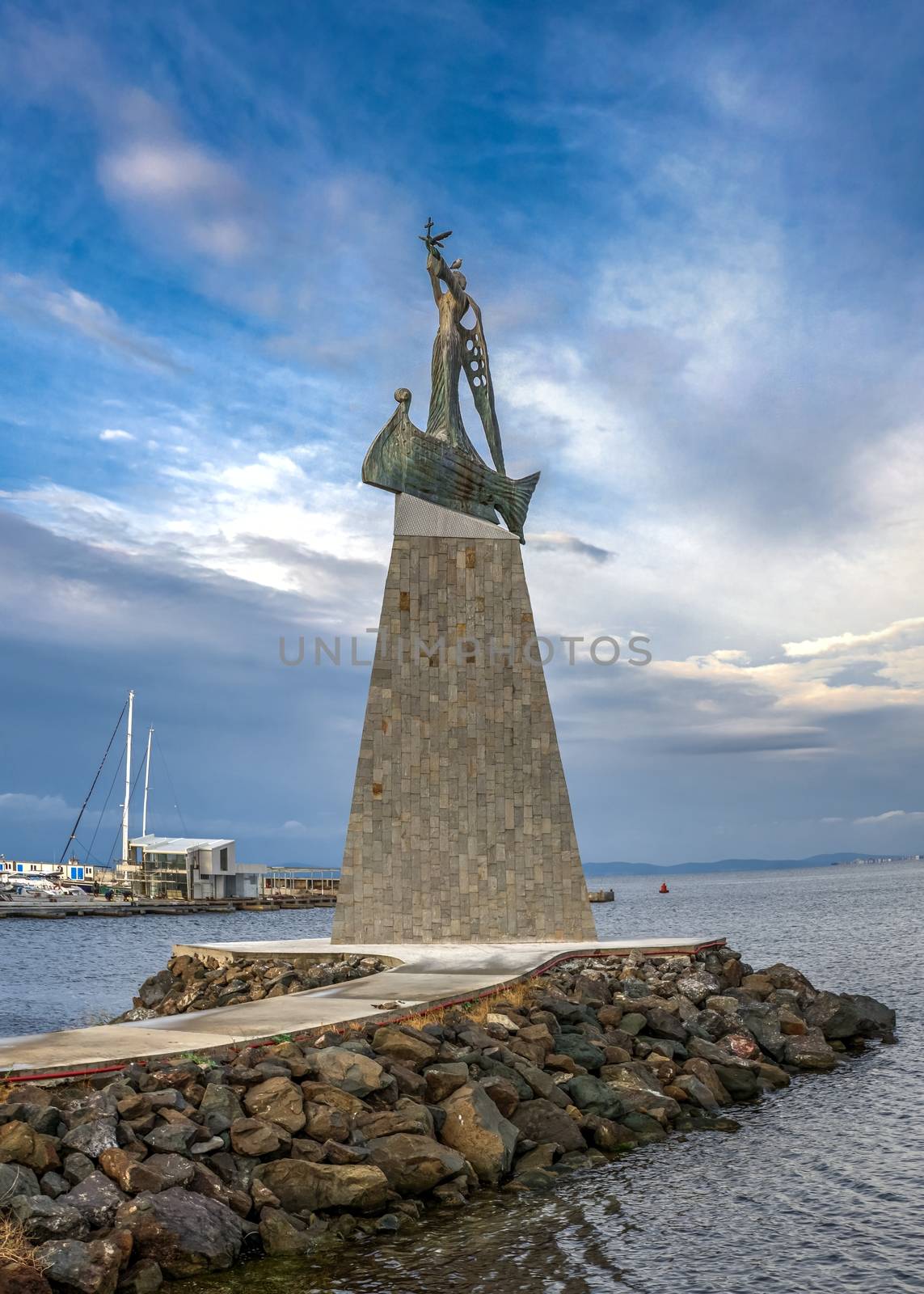 Nessebar, Bulgaria – 07.11.2019.  Monument to St Nicholas in front of the main entrance to the old town of Nessebar, Bulgaria on a sunny summer morning