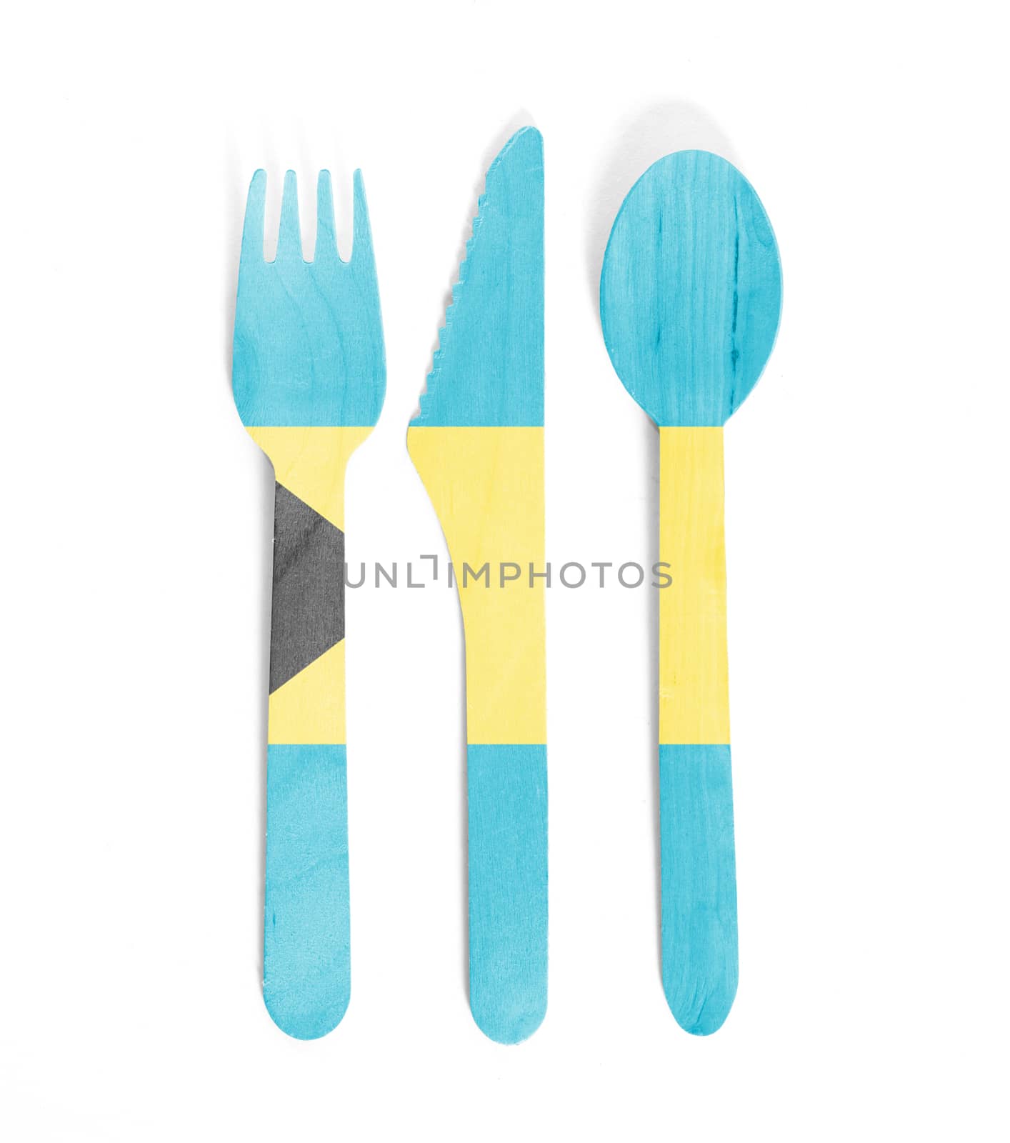 Eco friendly wooden cutlery - Plastic free concept - Isolated - Flag of Bahamas