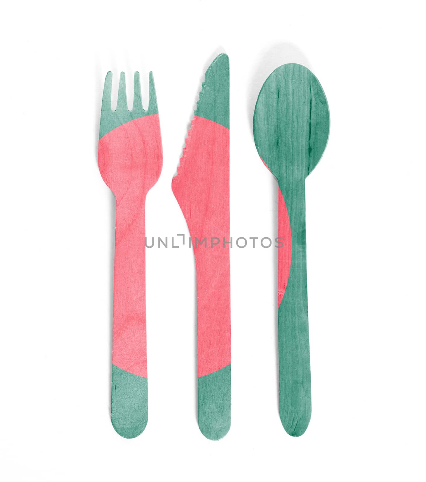 Eco friendly wooden cutlery - Plastic free concept - Isolated - Flag of Bangladesh