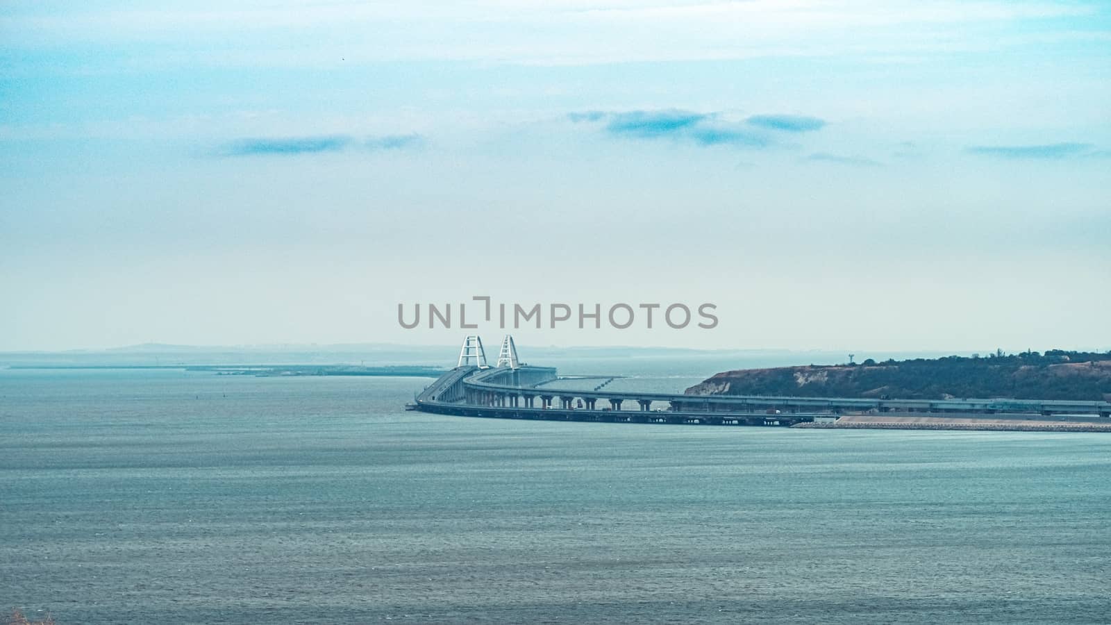 View on Kerch Bridge with copy space for text. Finished Crimean Bridge - panorama.