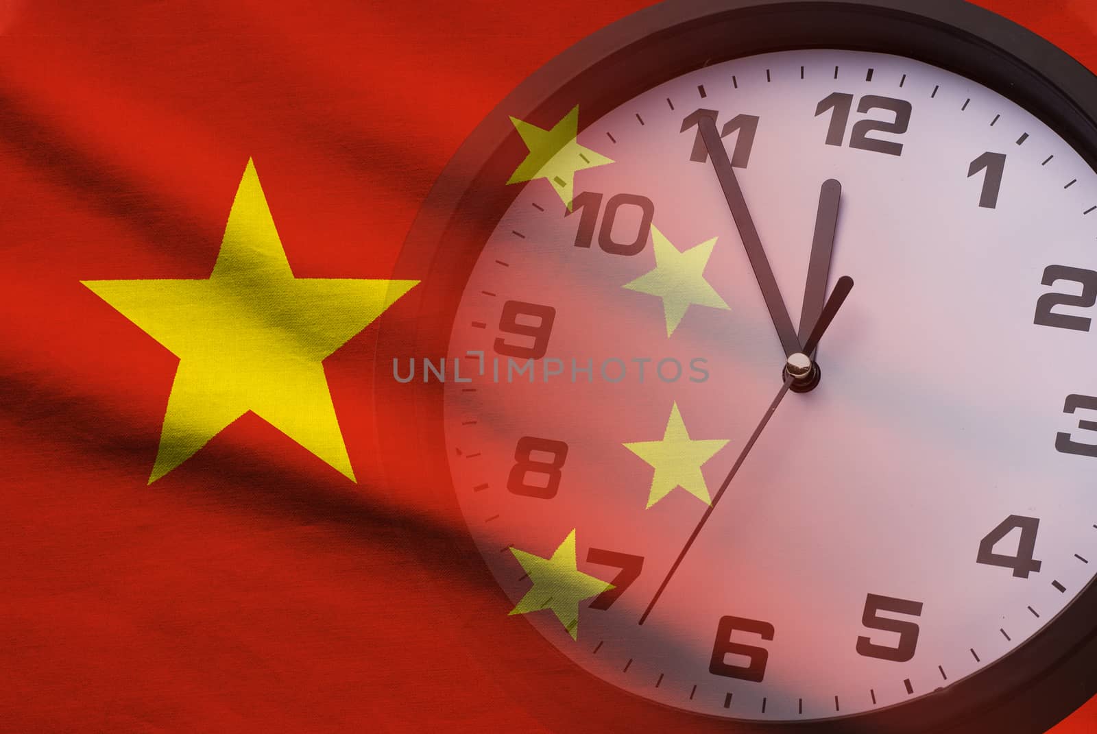 Chinese flag superimposed on an the dial of an alarm clock counting down to twelve in a conceptual image