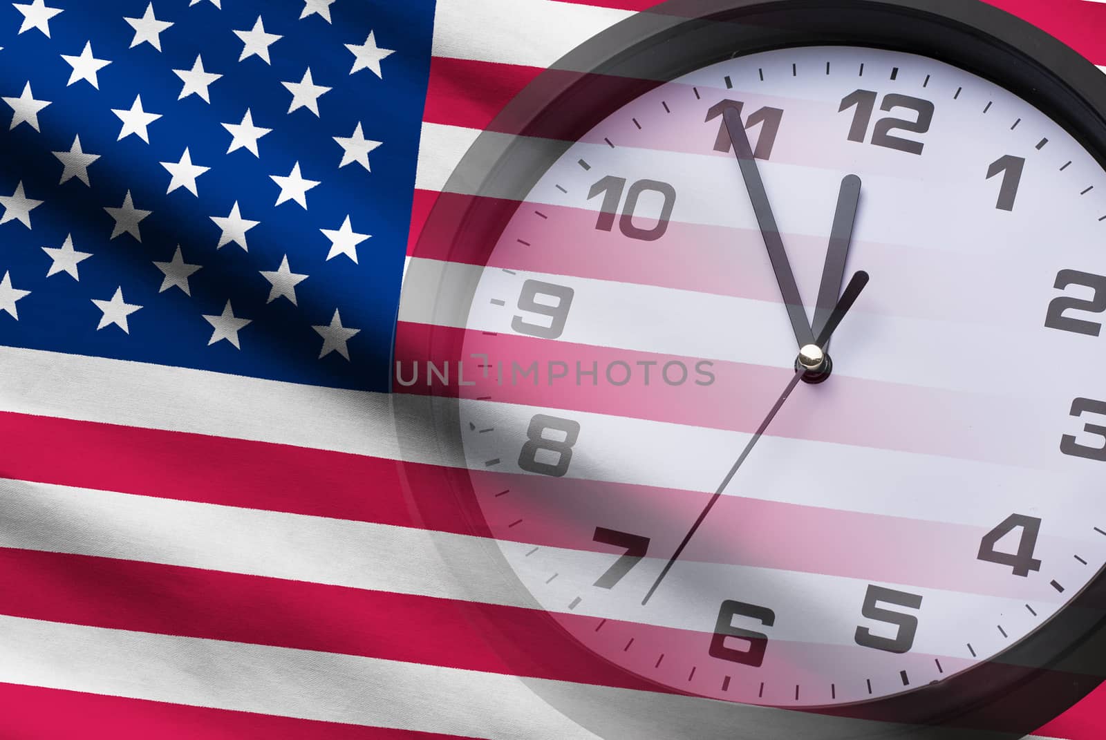 Flag of the United States with a clock dial showing a countdown to twelve in a conceptual composite image