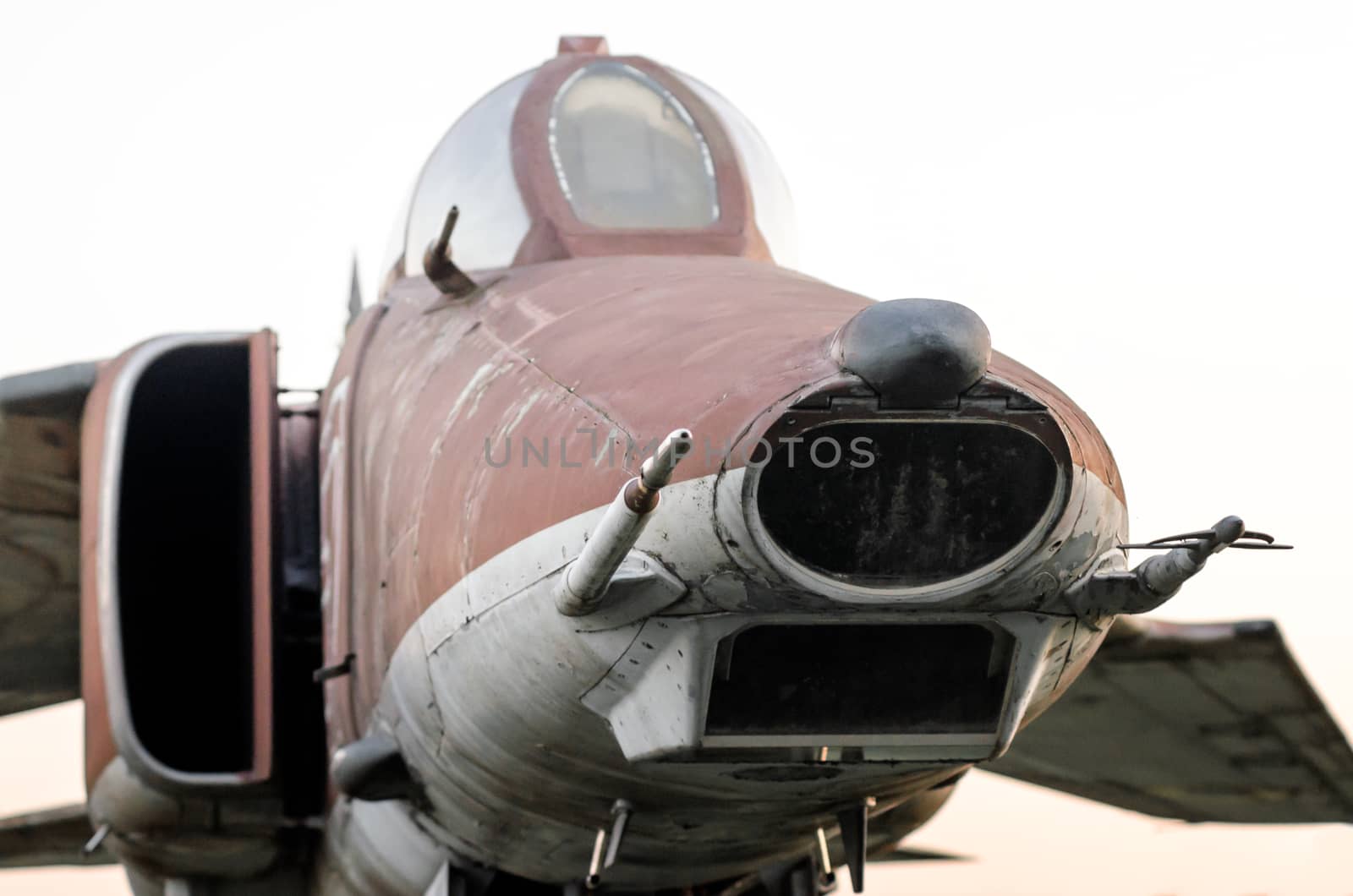 old military army fighter aircraft isolated on white background close up