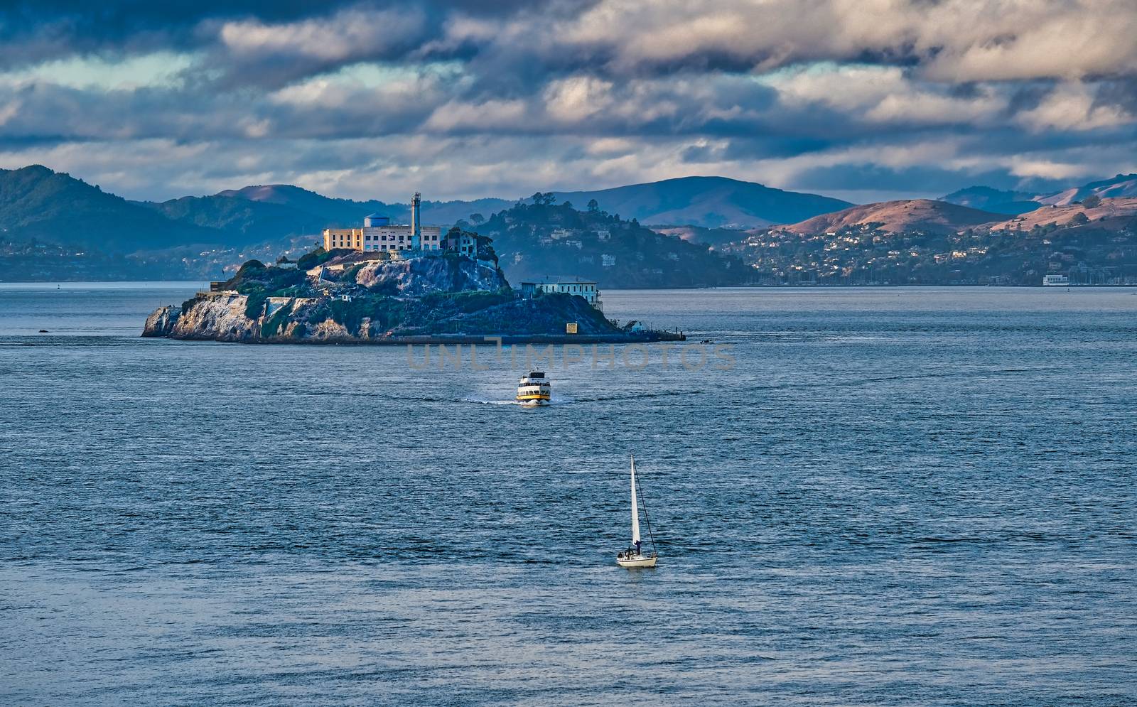 Sailboat and Ferry with Alcatraz in the Background