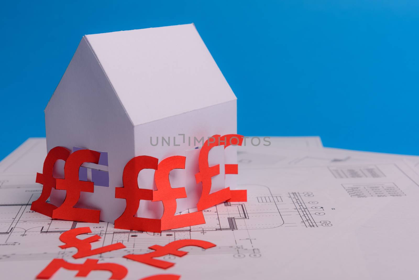 White family paper house , british pound money symbol , house projects plan and blueprints on mint background paper. Minimalistic and simple concept, style. Vertical orientation. View from above. copy space