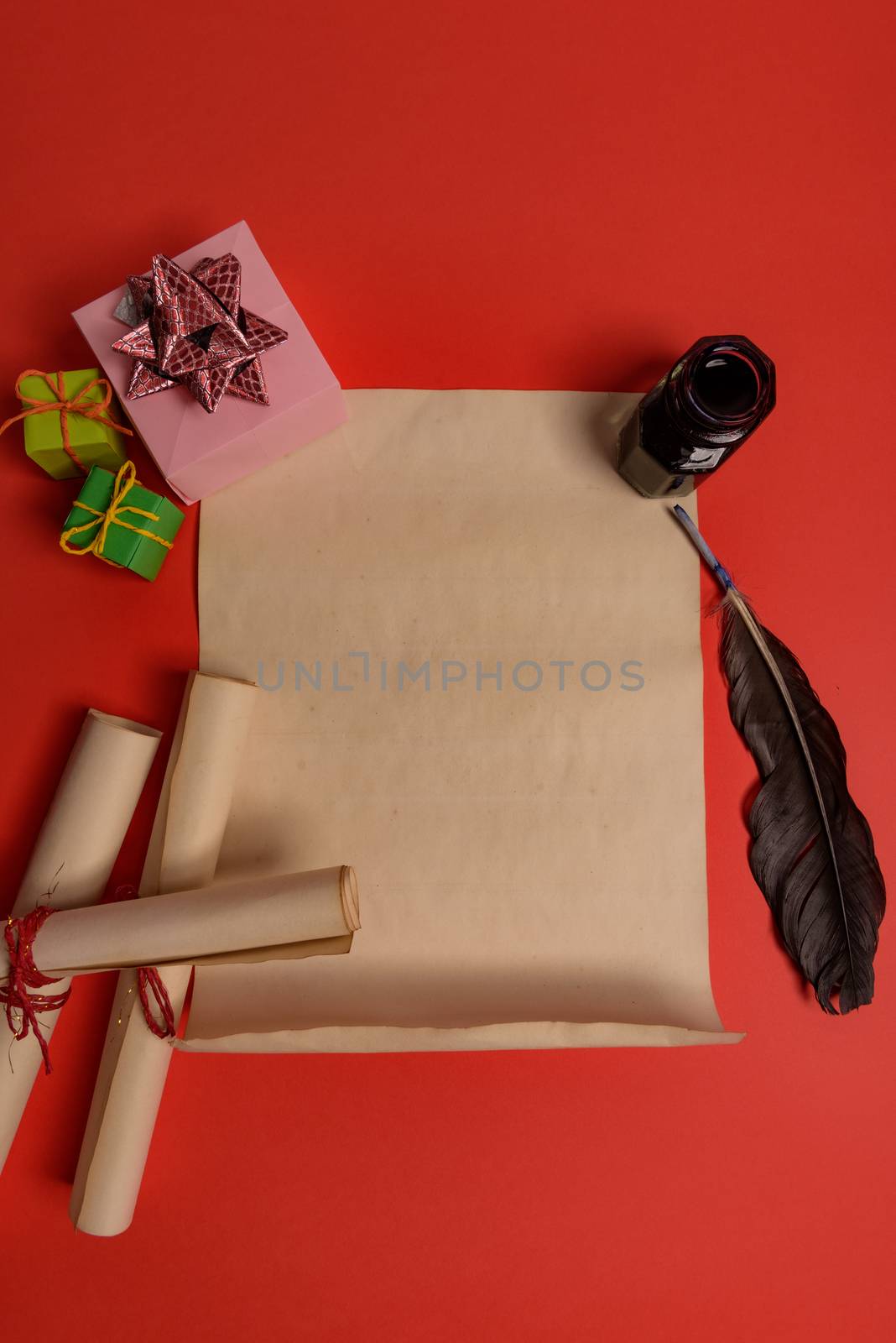 Empty letter for Santa Claus. Copy space. Red background