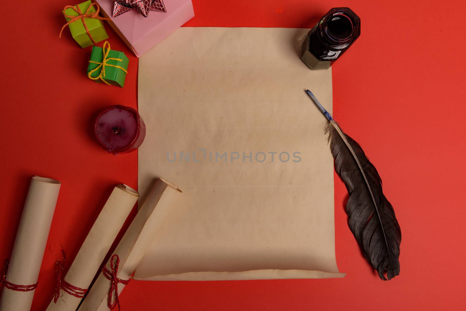 Empty letter for Santa Claus. Copy space. Red background