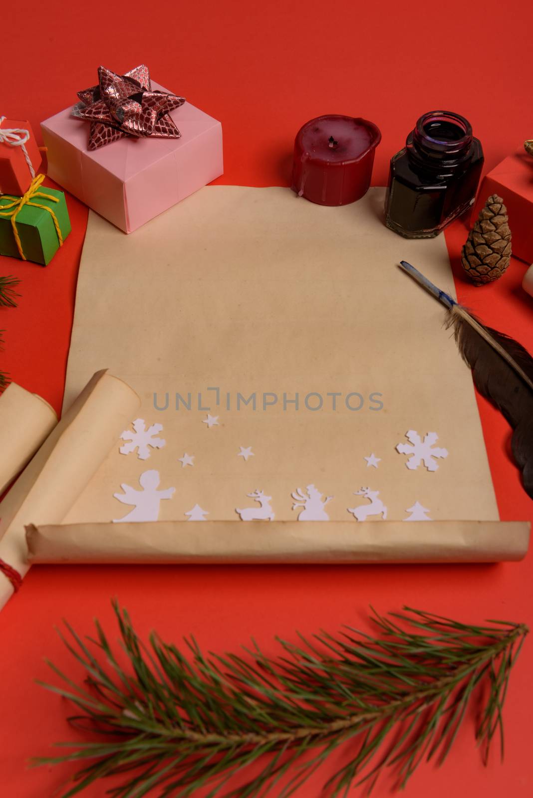 Empty letter for Santa Claus. Copy space. Red background