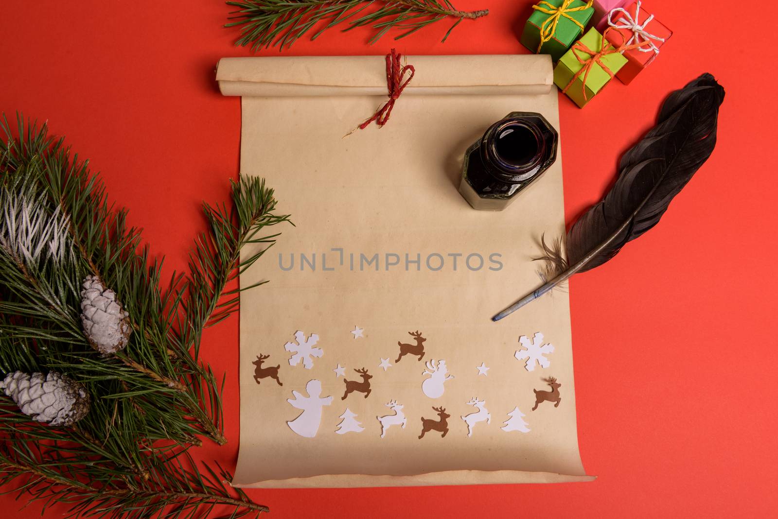 Empty letter for Santa Claus. Copy space. Red background
