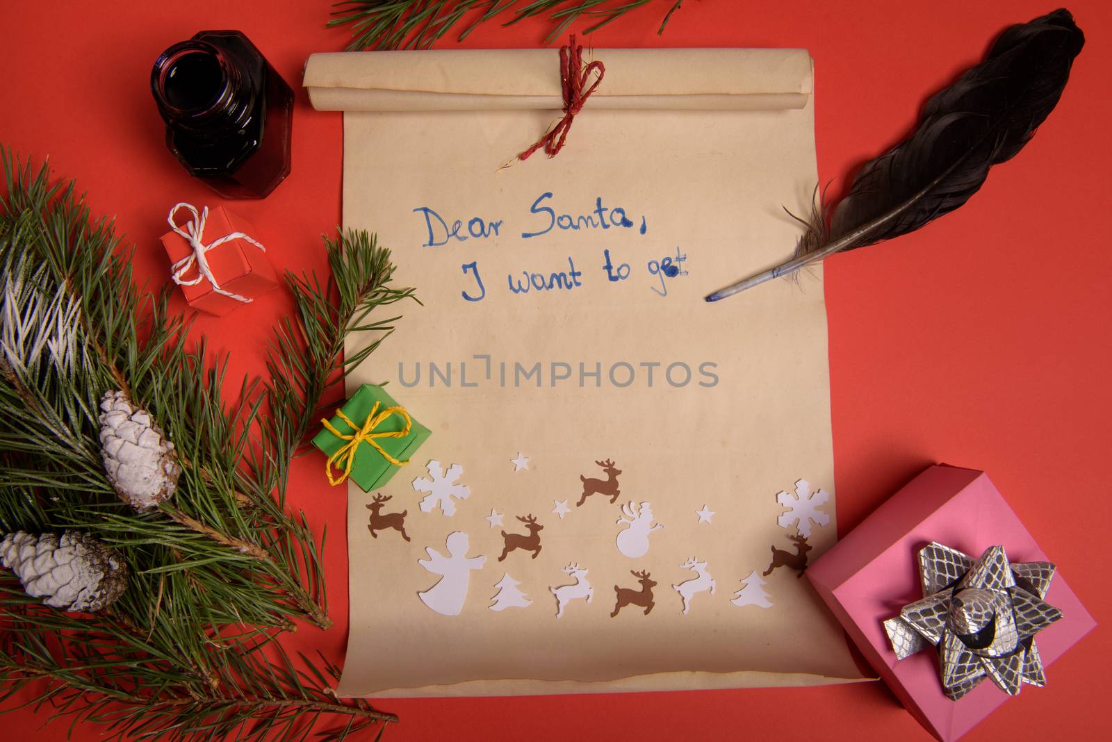 Empty letter for Santa Claus. Copy space. Red background