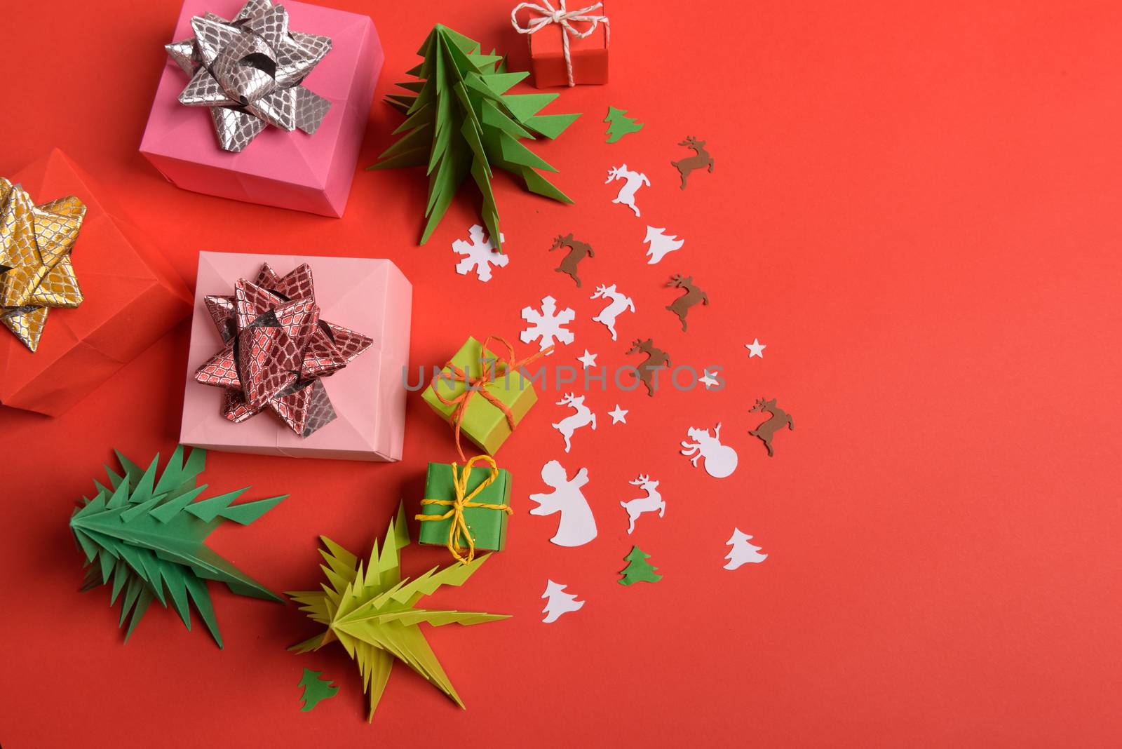 Christmas or New Year background, plain composition made of Xmas decorations and fir branches, flat lay, blank space for a greeting text.