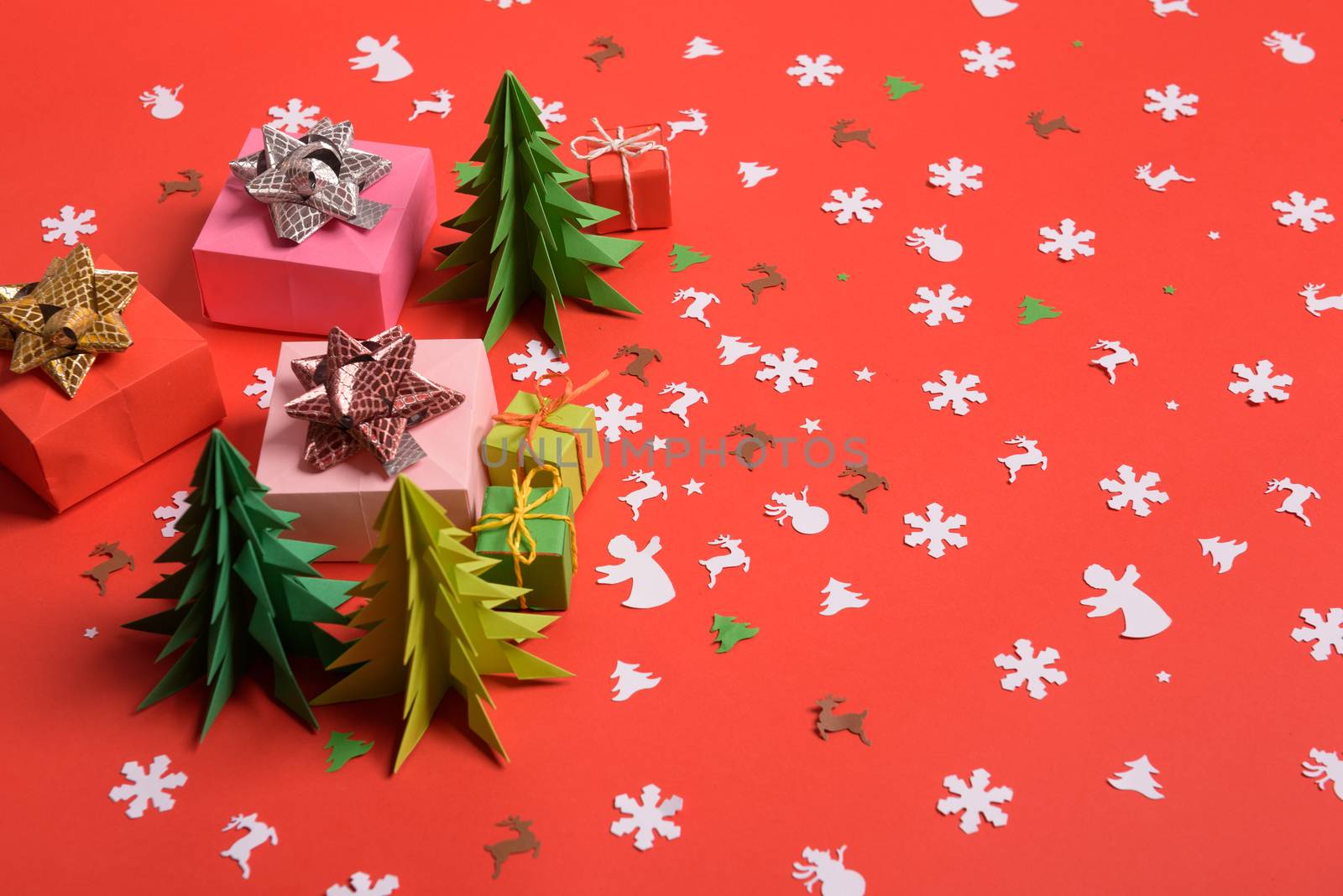 Christmas or New Year background, plain composition made of Xmas decorations and fir branches, flat lay, blank space for a greeting text.
