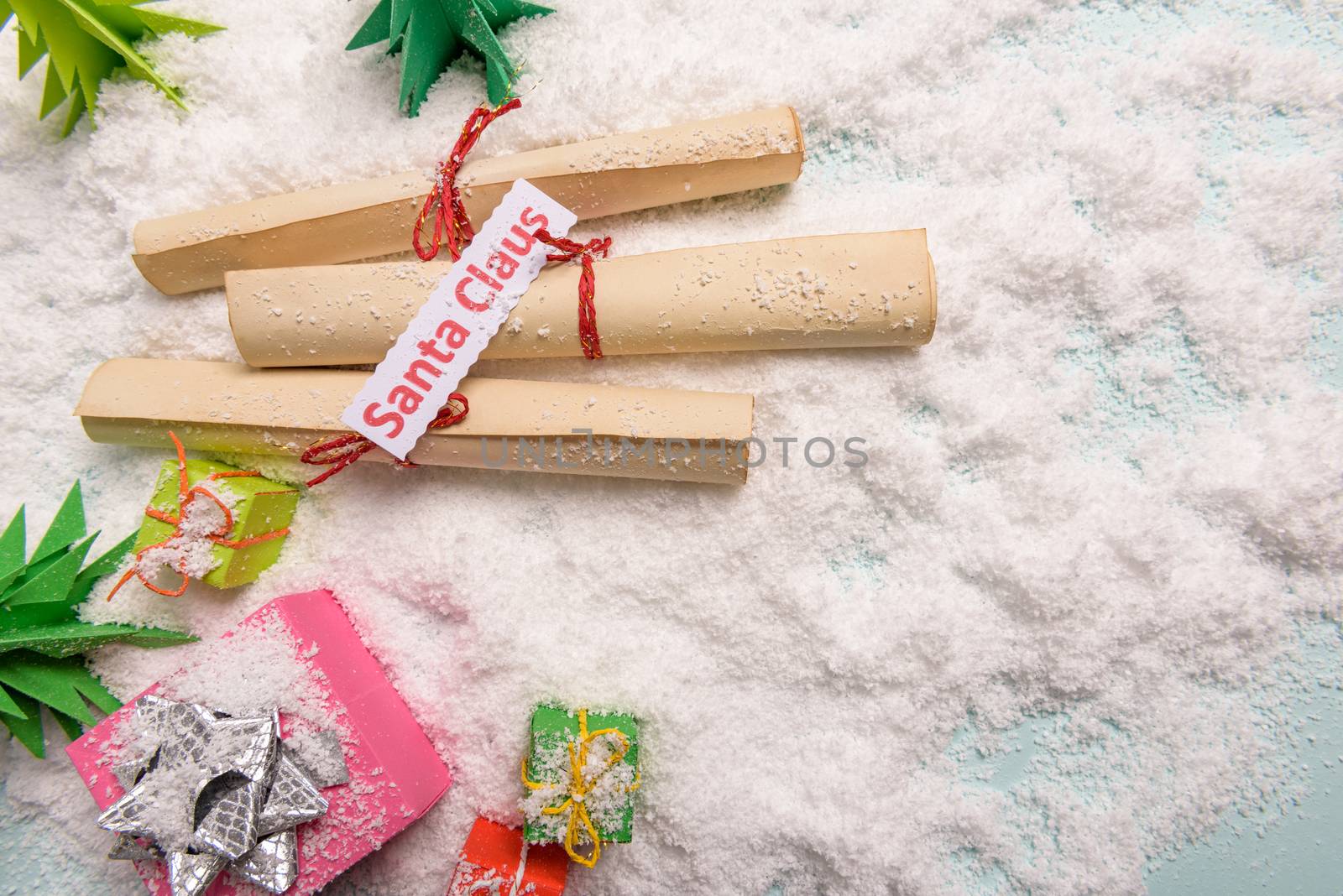 old tied up letters for Santa Claus, view from above.